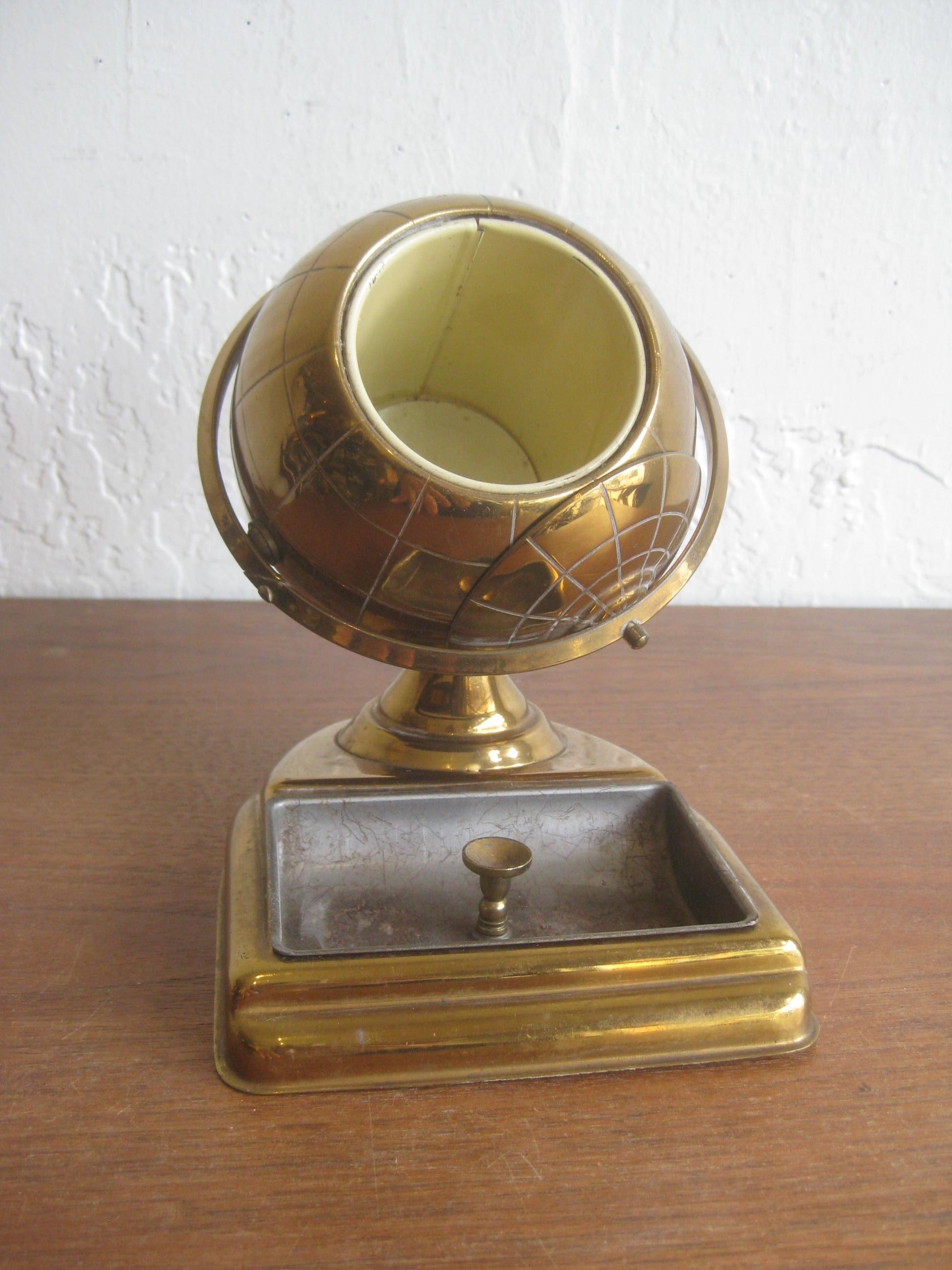 Mid Century Brass Globe Cigarette Holder & Ashtray Office Desk Accessory Caddy For Sale 1