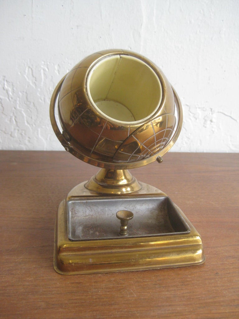 vintage cigarette holder ashtray Mid Century Brass Globe Cigarette Holder & Ashtray Office Desk Accessory  Caddy