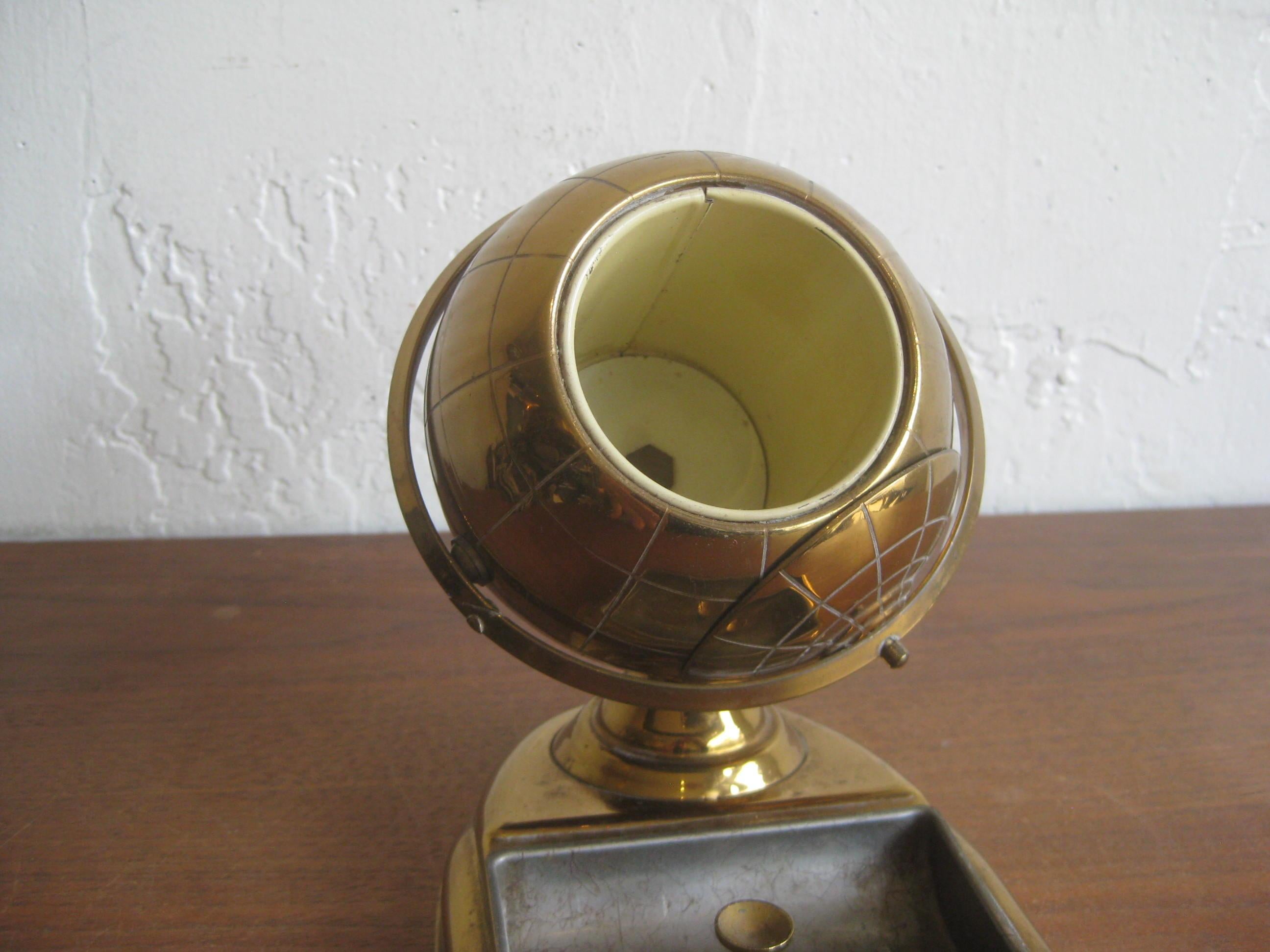 Mid Century Brass Globe Cigarette Holder & Ashtray Office Desk Accessory Caddy For Sale 2