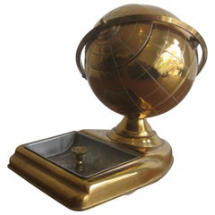 Retro Mid Century Brass Globe Cigarette Holder & Ashtray Office Desk Accessory Caddy