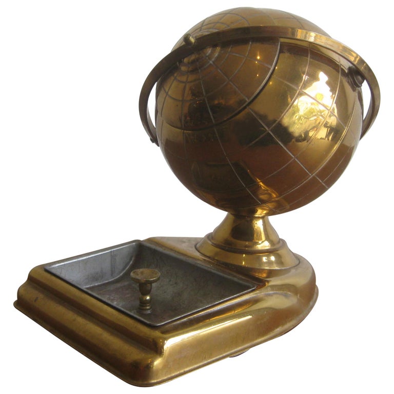 Mid Century Brass Globe Cigarette Holder and Ashtray Office Desk Accessory  Caddy For Sale at 1stDibs