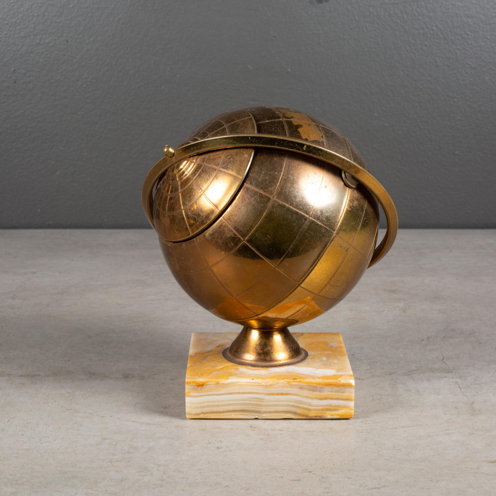 MCM Brass Globe Cigarette Holder Mounted on Marble c.1960 (FREE SHIPPING) In Good Condition For Sale In San Francisco, CA