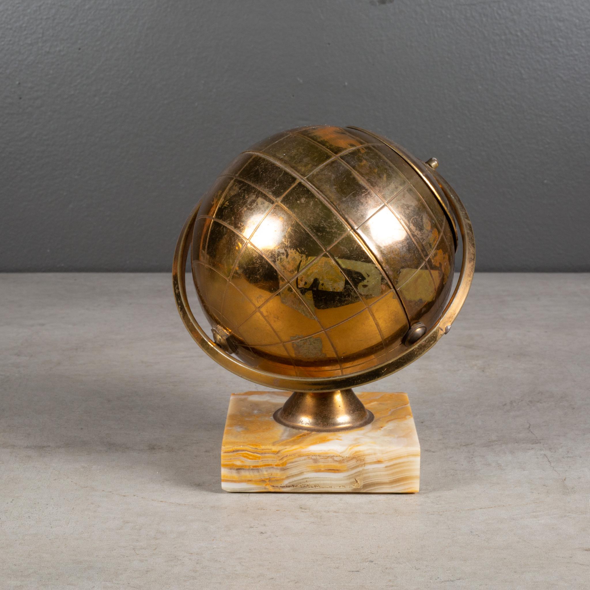 Metal MCM Brass Globe Cigarette Holder Mounted on Marble c.1960 (FREE SHIPPING) For Sale