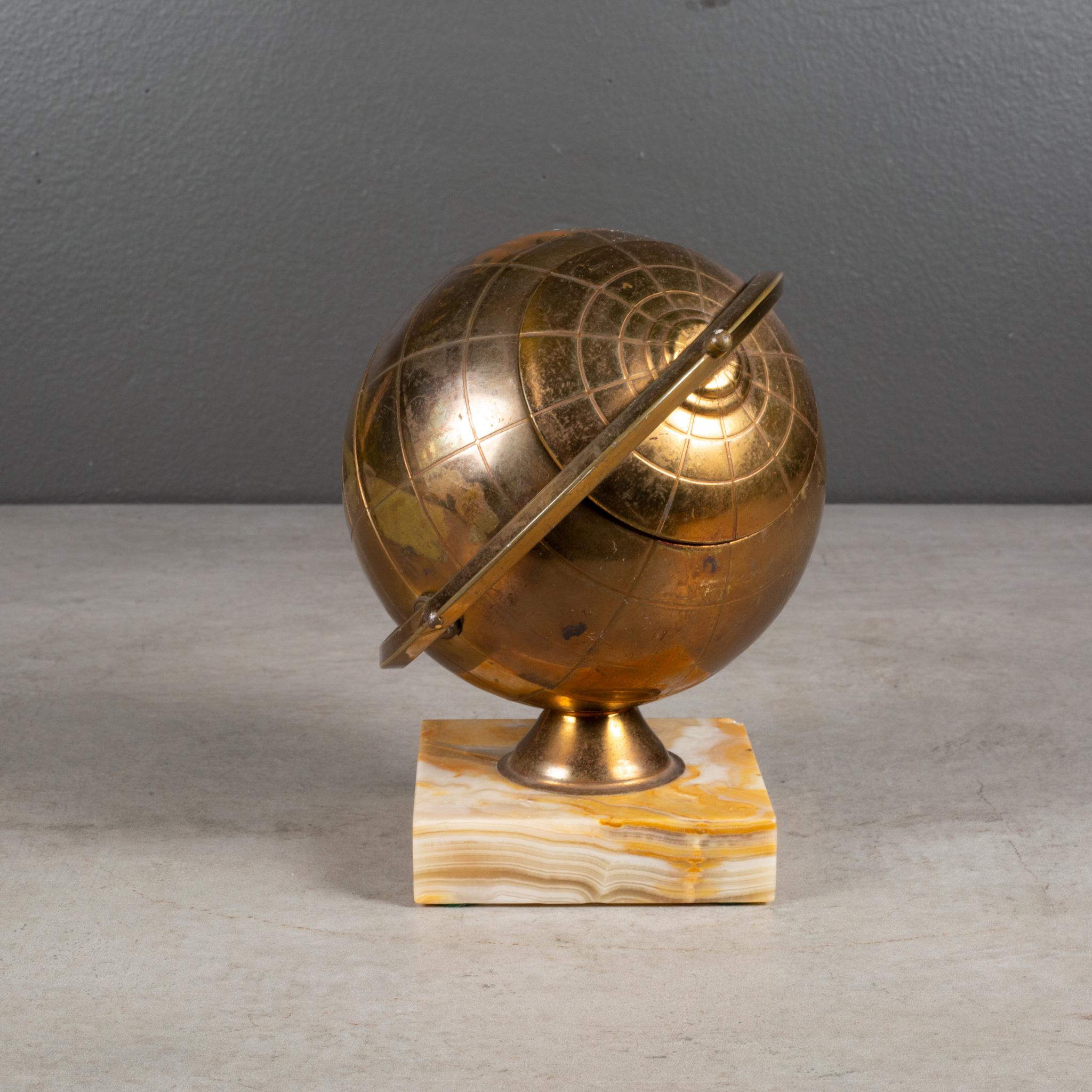 MCM Brass Globe Cigarette Holder Mounted on Marble c.1960 (FREE SHIPPING) For Sale 1