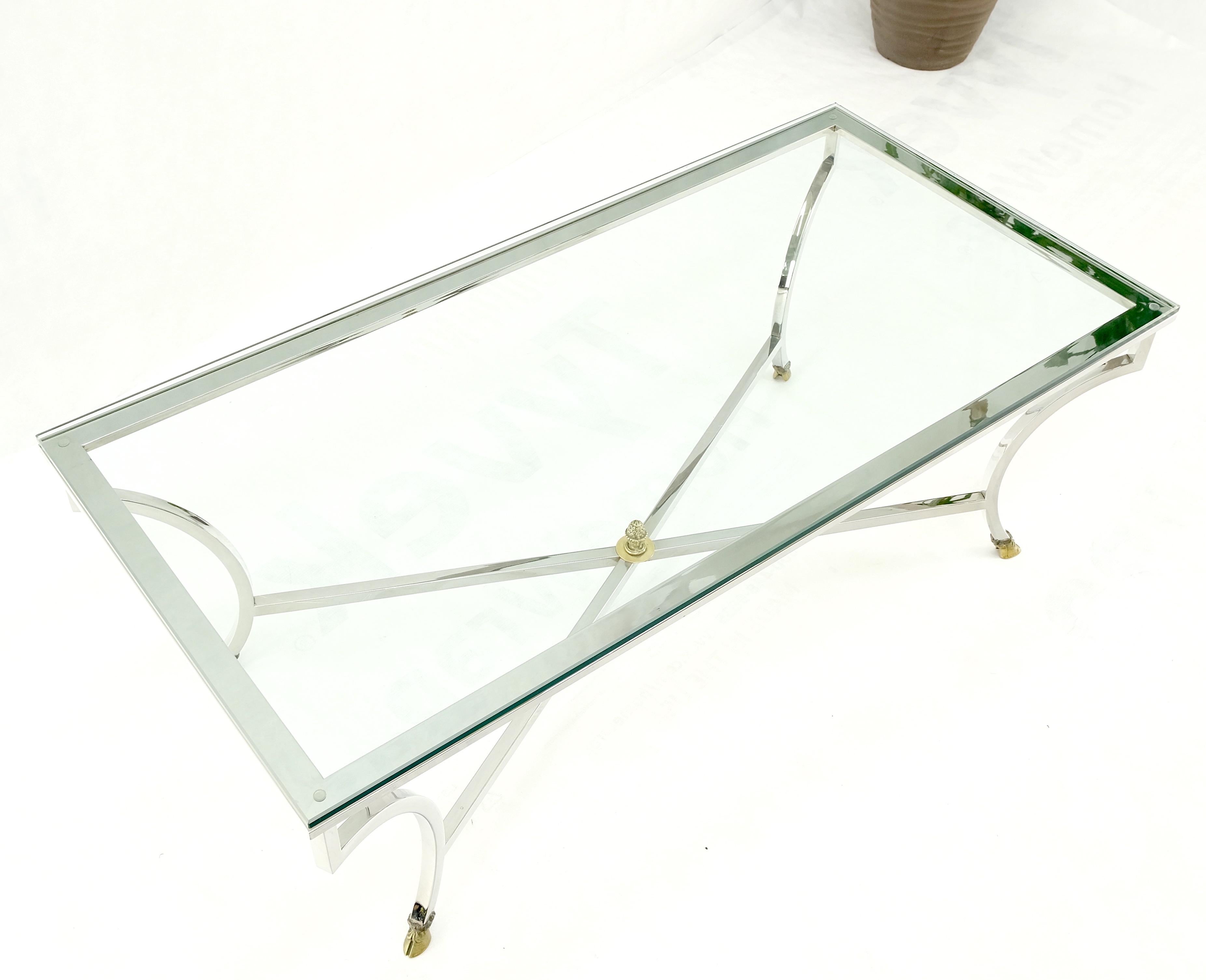 Mid Century Brass Hoof Feet Chrome Base Glass Top Rectangle Coffee Table MINT! For Sale 4