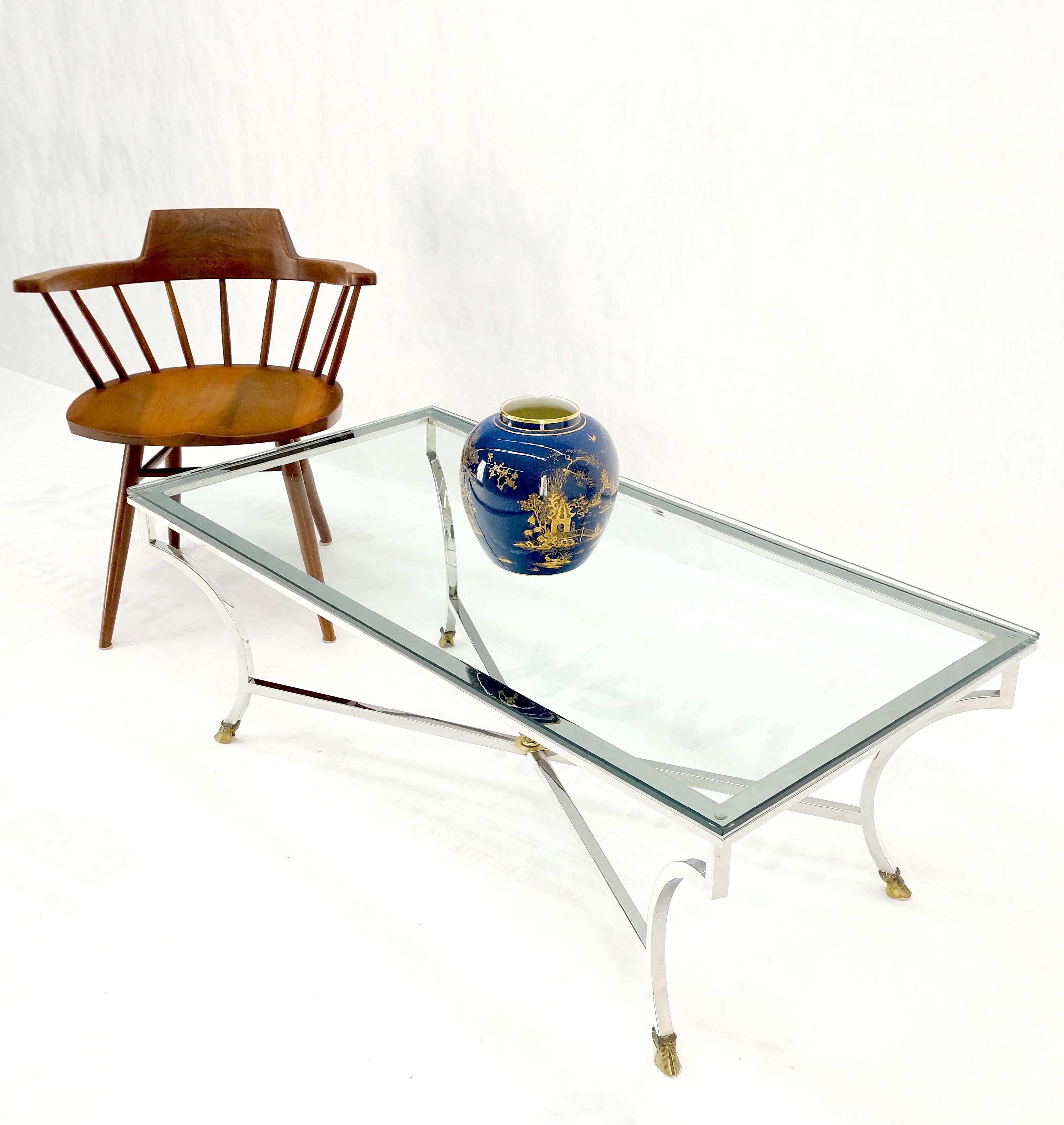 Mid Century Brass Hoof Feet Chrome Base Glass Top Rectangle Coffee Table MINT! For Sale 6