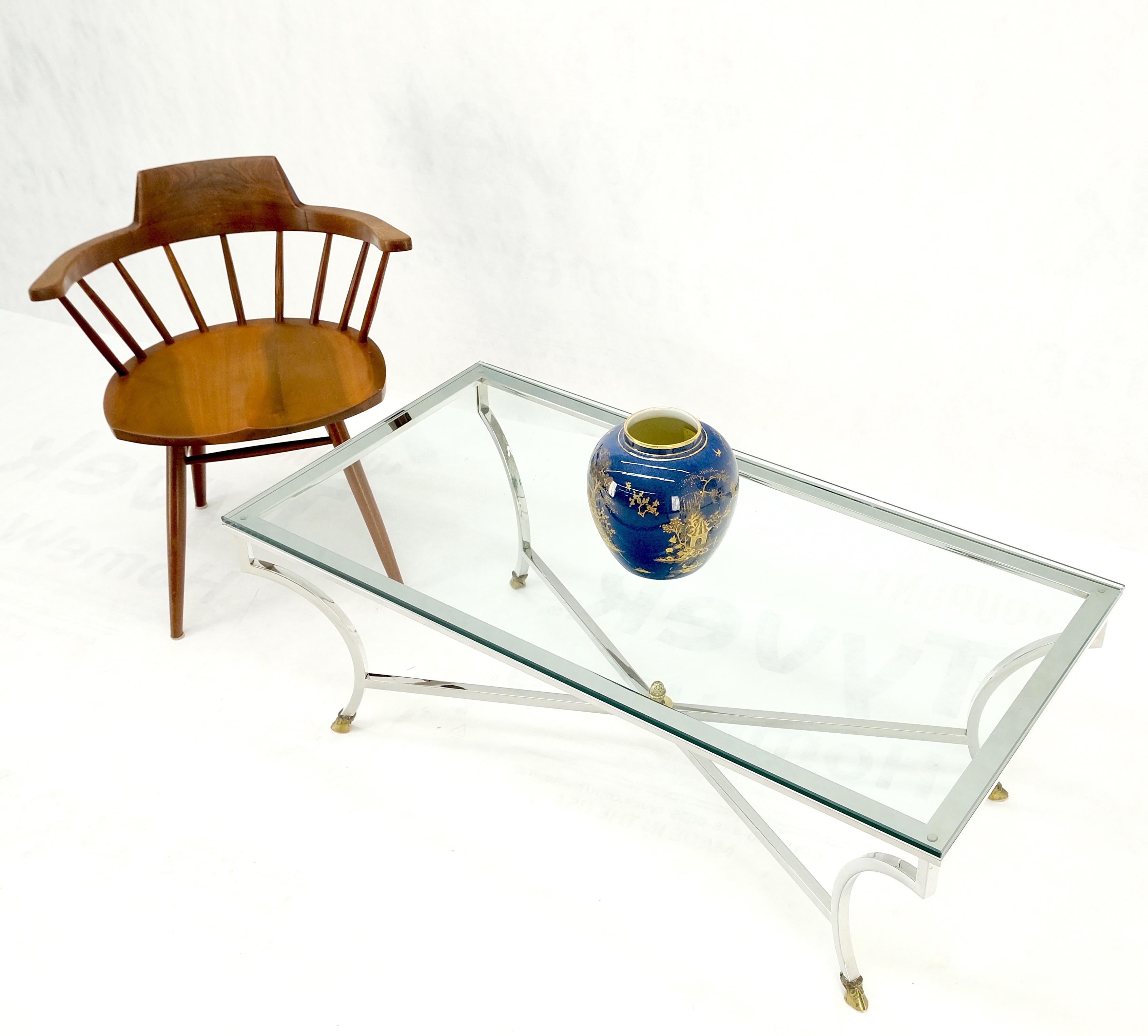 Mid Century Brass Hoof Feet Chrome Base Glass Top Rectangle Coffee Table MINT! For Sale 7