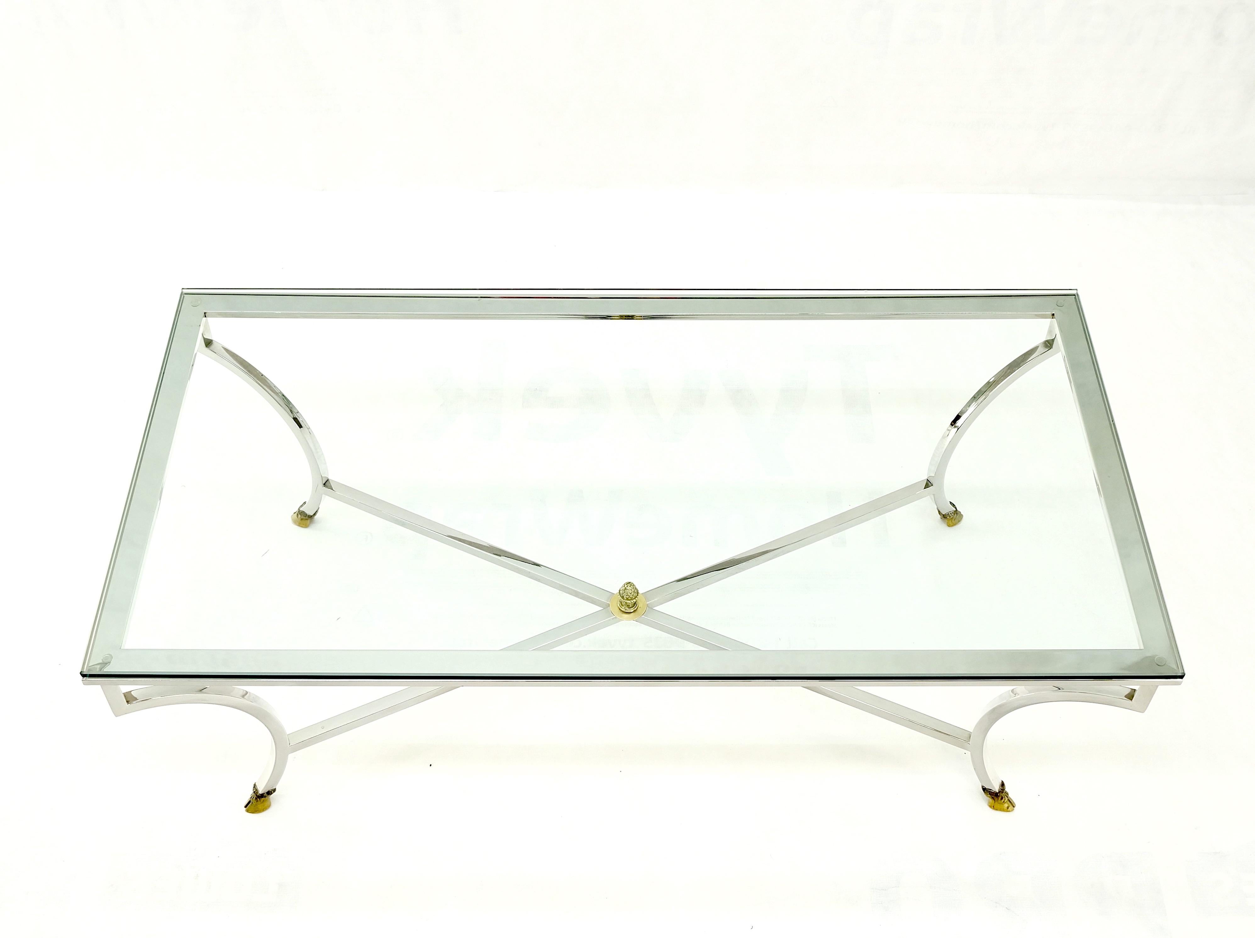 Mid Century Brass Hoof Feet Chrome Base Glass Top Rectangle Coffee Table MINT! For Sale 2