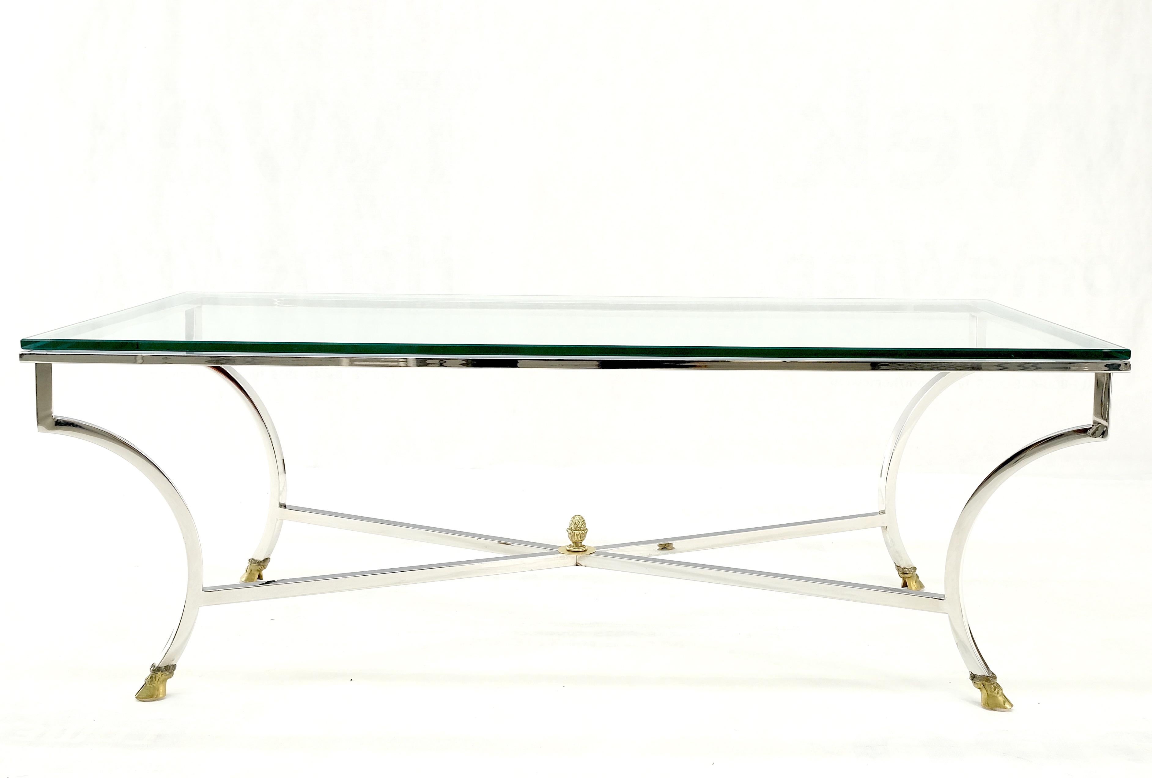 Mid Century Brass Hoof Feet Chrome Base Glass Top Rectangle Coffee Table MINT! For Sale 3