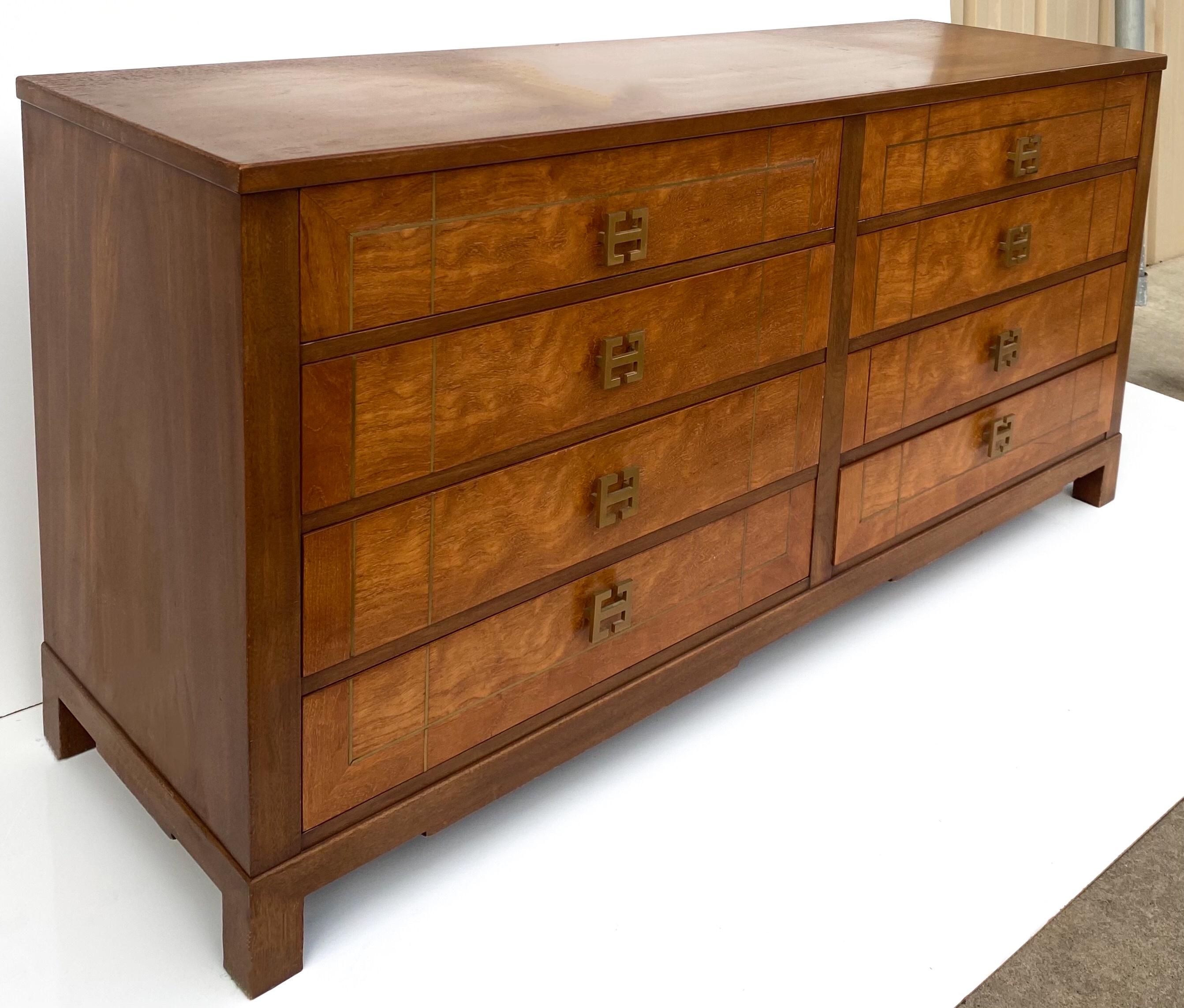 American Mid-Century Brass Inlaid and Burl Wood Ming Style Chest by Old Colony Furniture