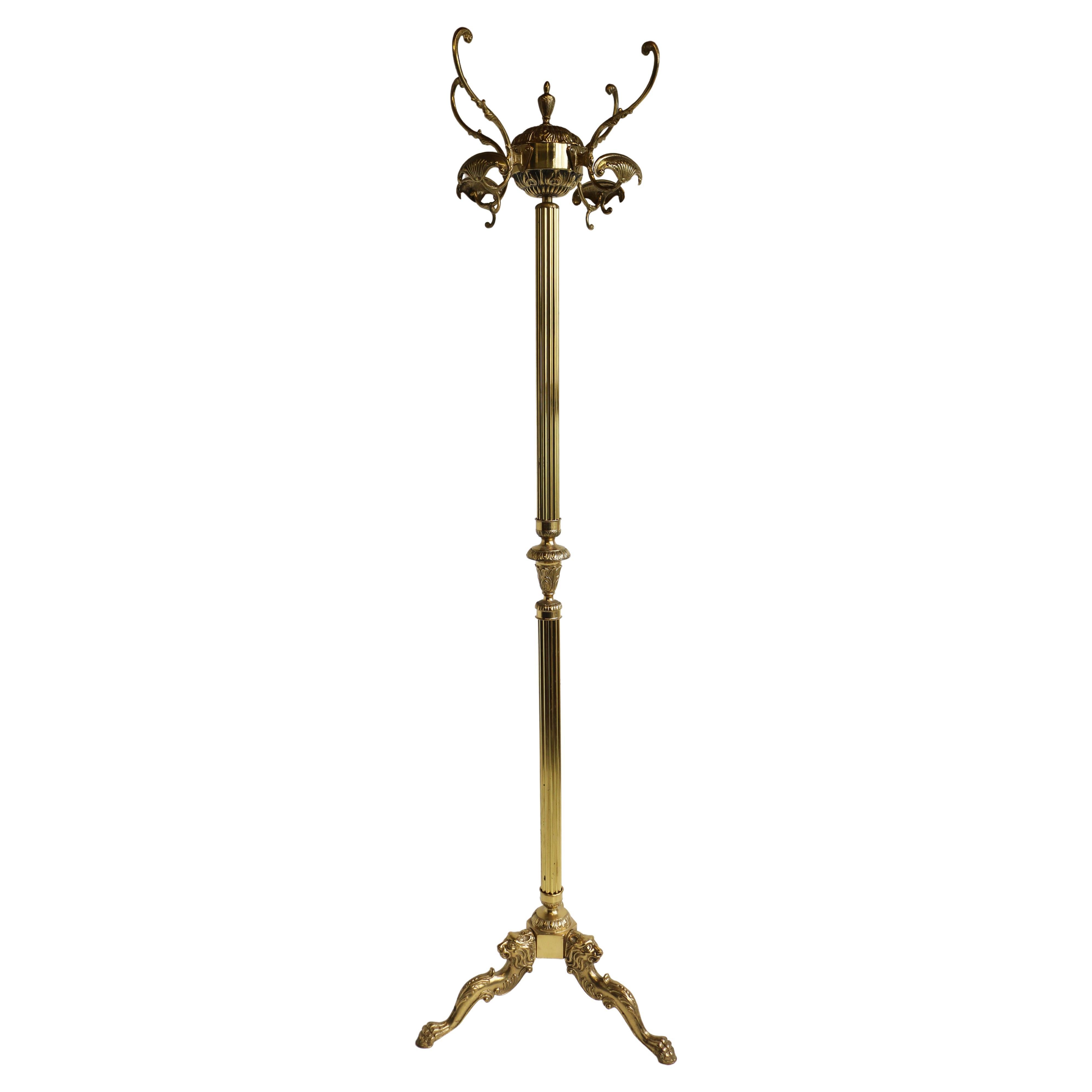 Mid-Century Brass Italian Coat Hat Rack Hall Tree Stand Lions Heads Claw Foot