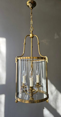 Mid-Century Brass Lantern Pendant with Curved Glass Panels