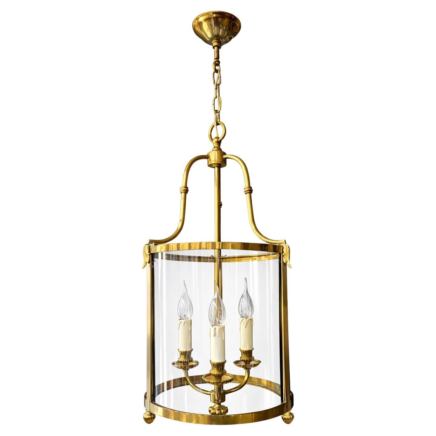 Mid-Century Brass Lantern Pendant with Curved Glass Panels