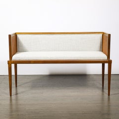 Mid-Century Brass Lined Walnut Settee w/ Cane Detailing & Holly Hunt Upholstery