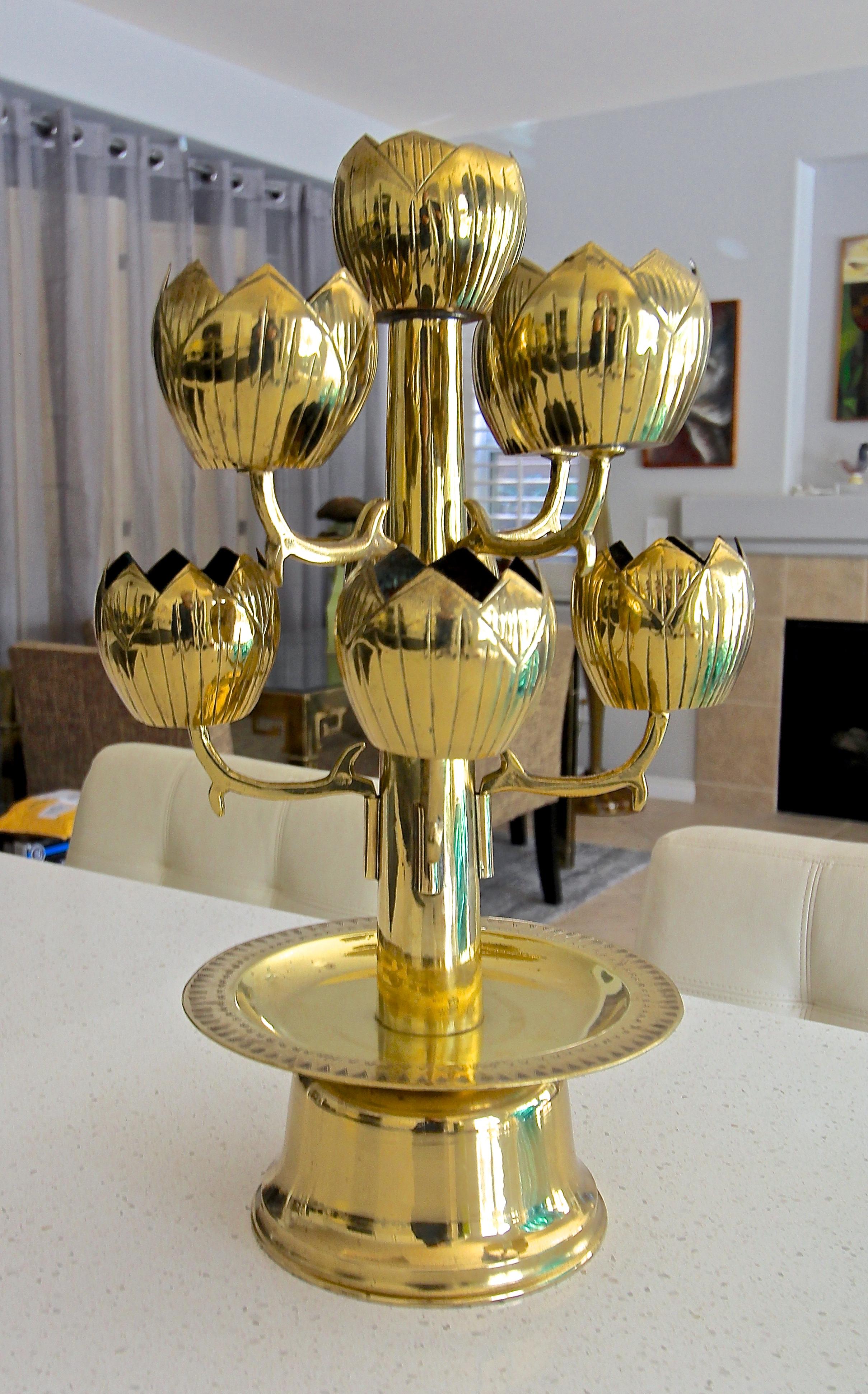 Mid-Century Modern Midcentury Brass Lotus Candleholder Candelabra Feldman For Sale