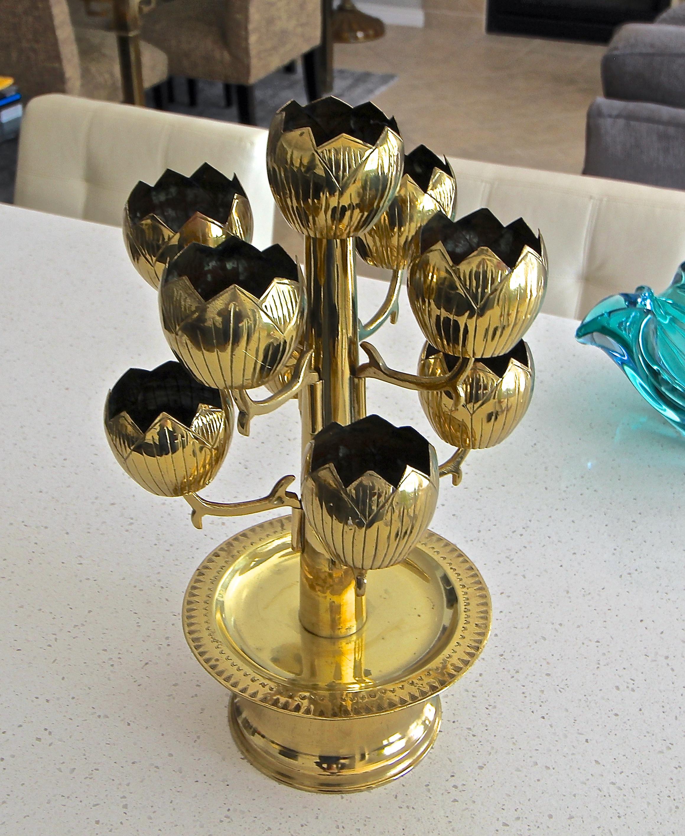 Midcentury Brass Lotus Candleholder Candelabra Feldman In Good Condition For Sale In Palm Springs, CA