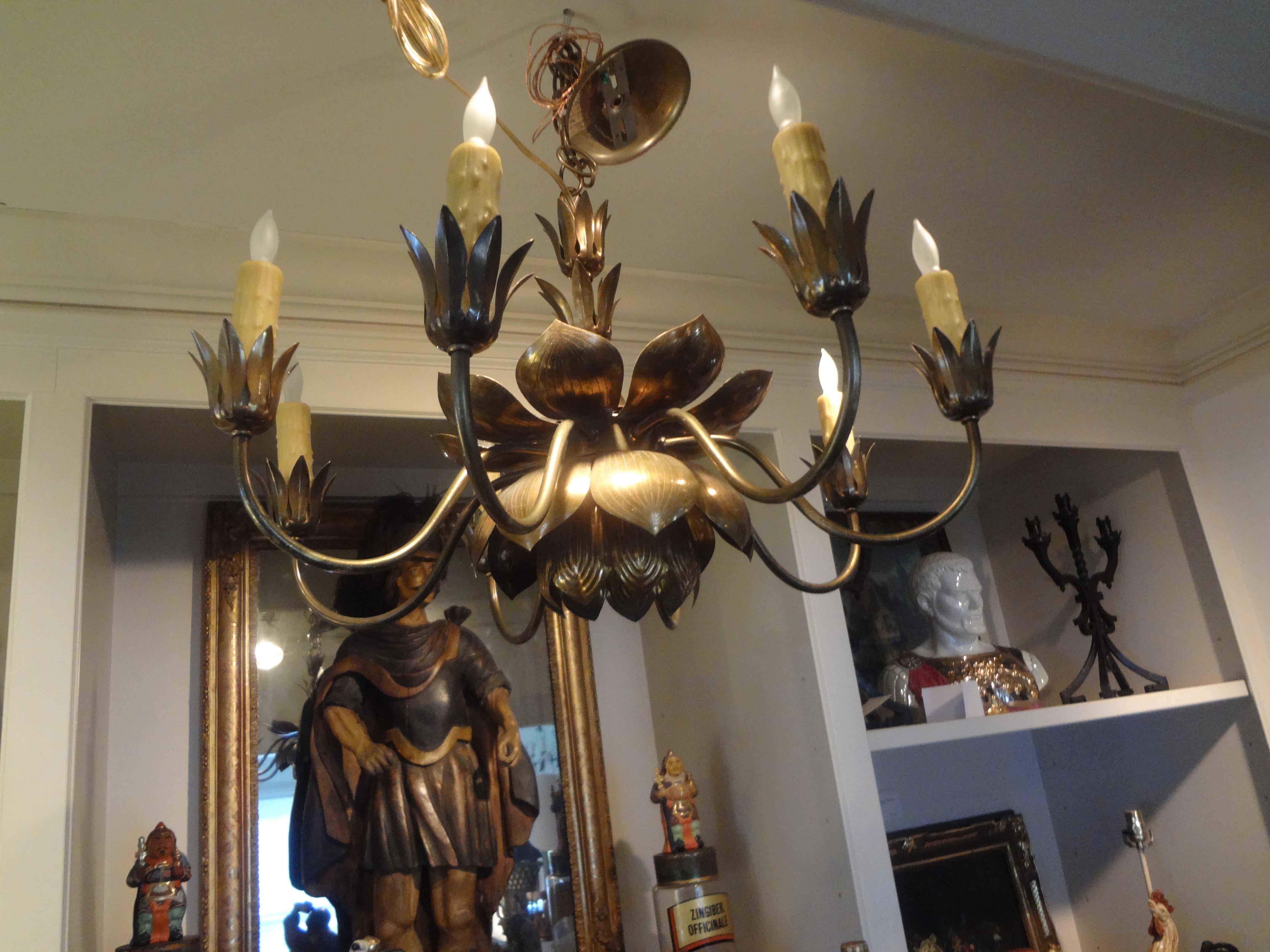 Mid-Century Brass Lotus Chandelier by Feldman Lighting Co In Good Condition In Houston, TX