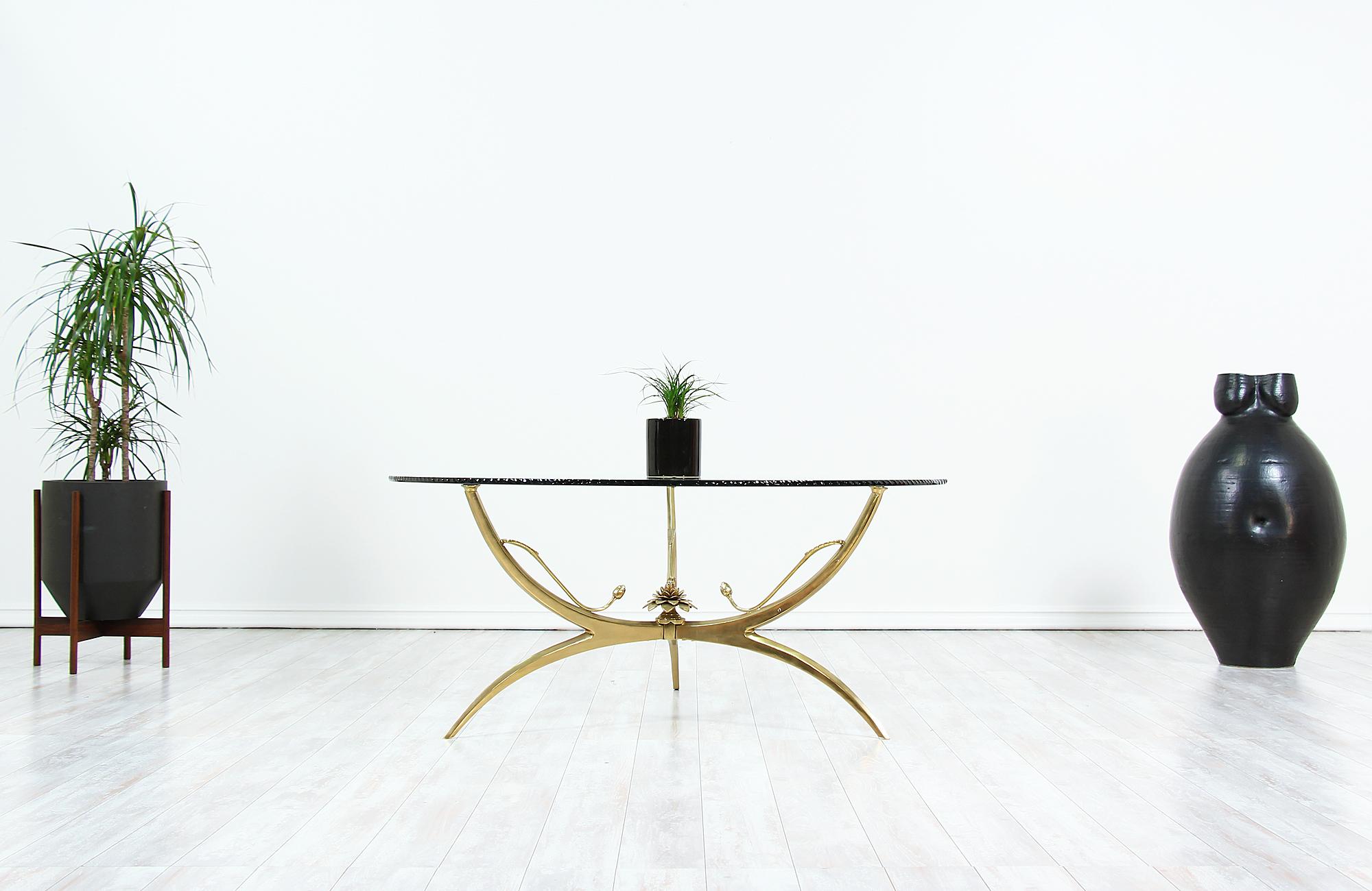 Mid-Century Modern Midcentury Brass Lotus Flower and Glass Top Coffee Table