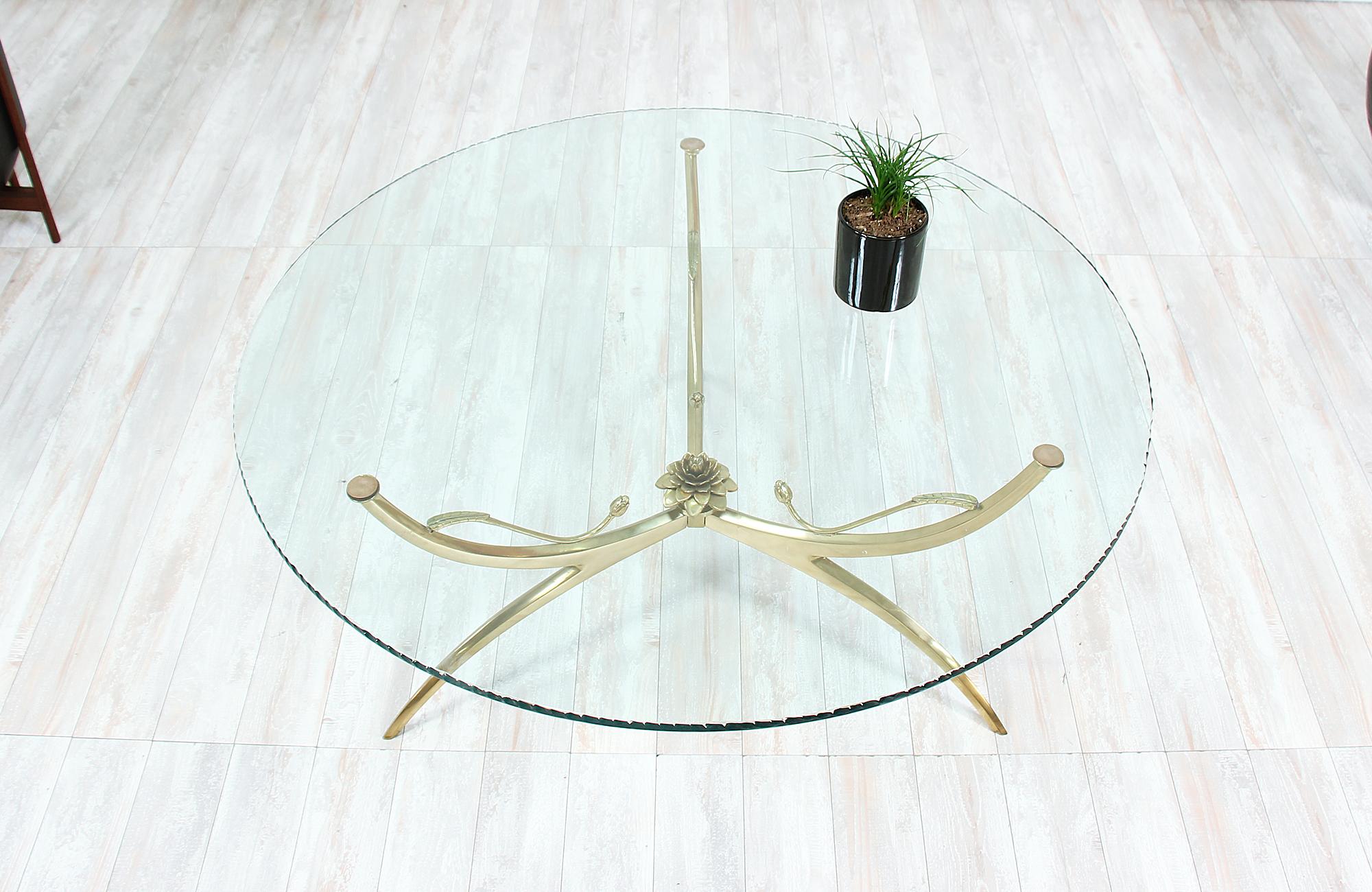 American Midcentury Brass Lotus Flower and Glass Top Coffee Table