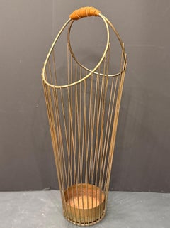 Mid-Century Brass Metal and Leather Umbrella Cane Stand