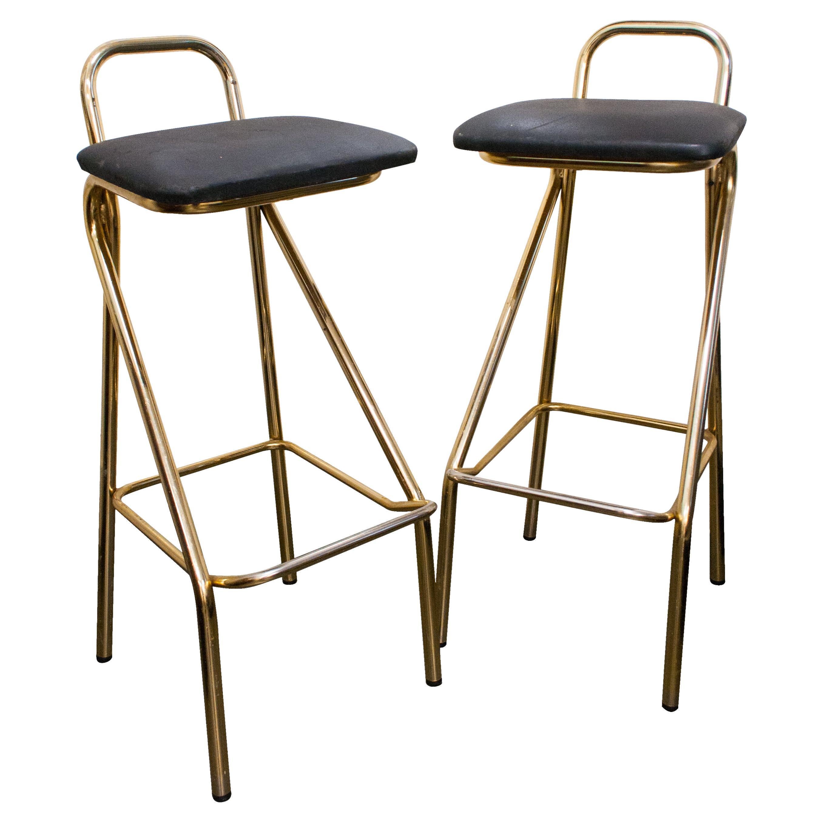 Mid-Century Golden Chrome Metal and Leather Bar Pair of Stools, Italy, 1960 For Sale