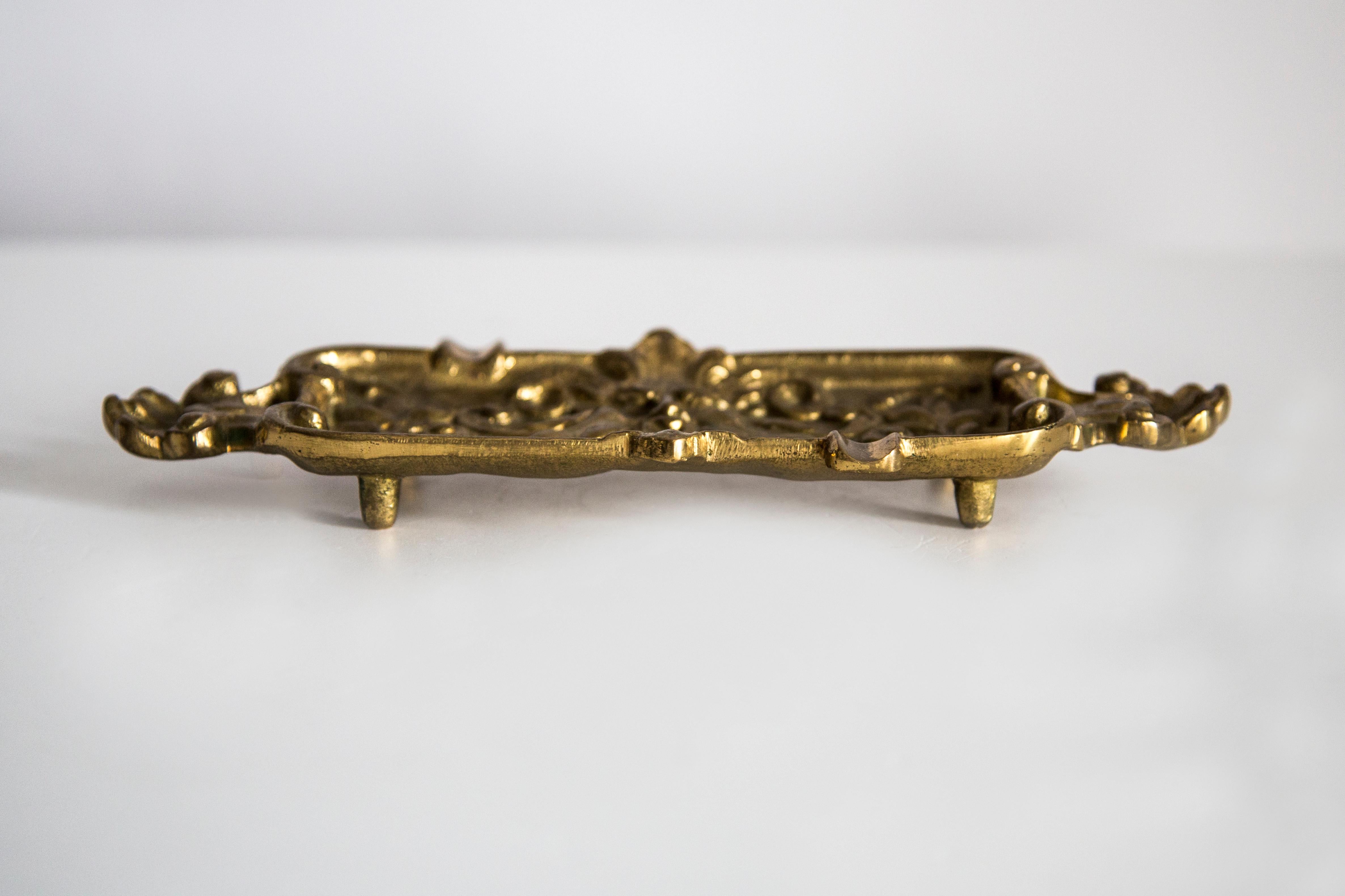 20th Century Mid Century Brass Metal Small Plate Bowl Ashtray, Gold Flowers, Italy, 1970s For Sale
