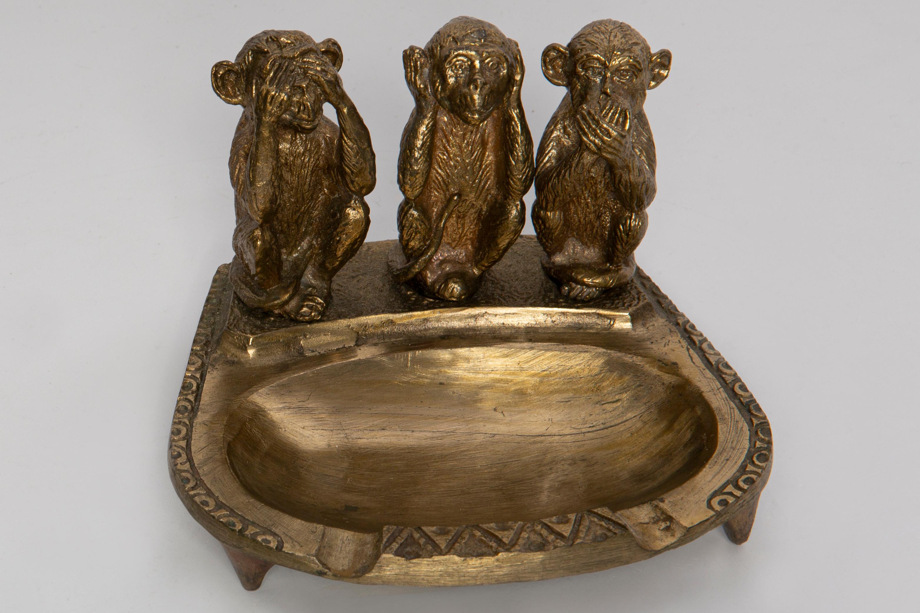 Italian Mid Century Brass Metal Small Plate Bowl Ashtray, Gold Monkeys, Italy, 1970s For Sale