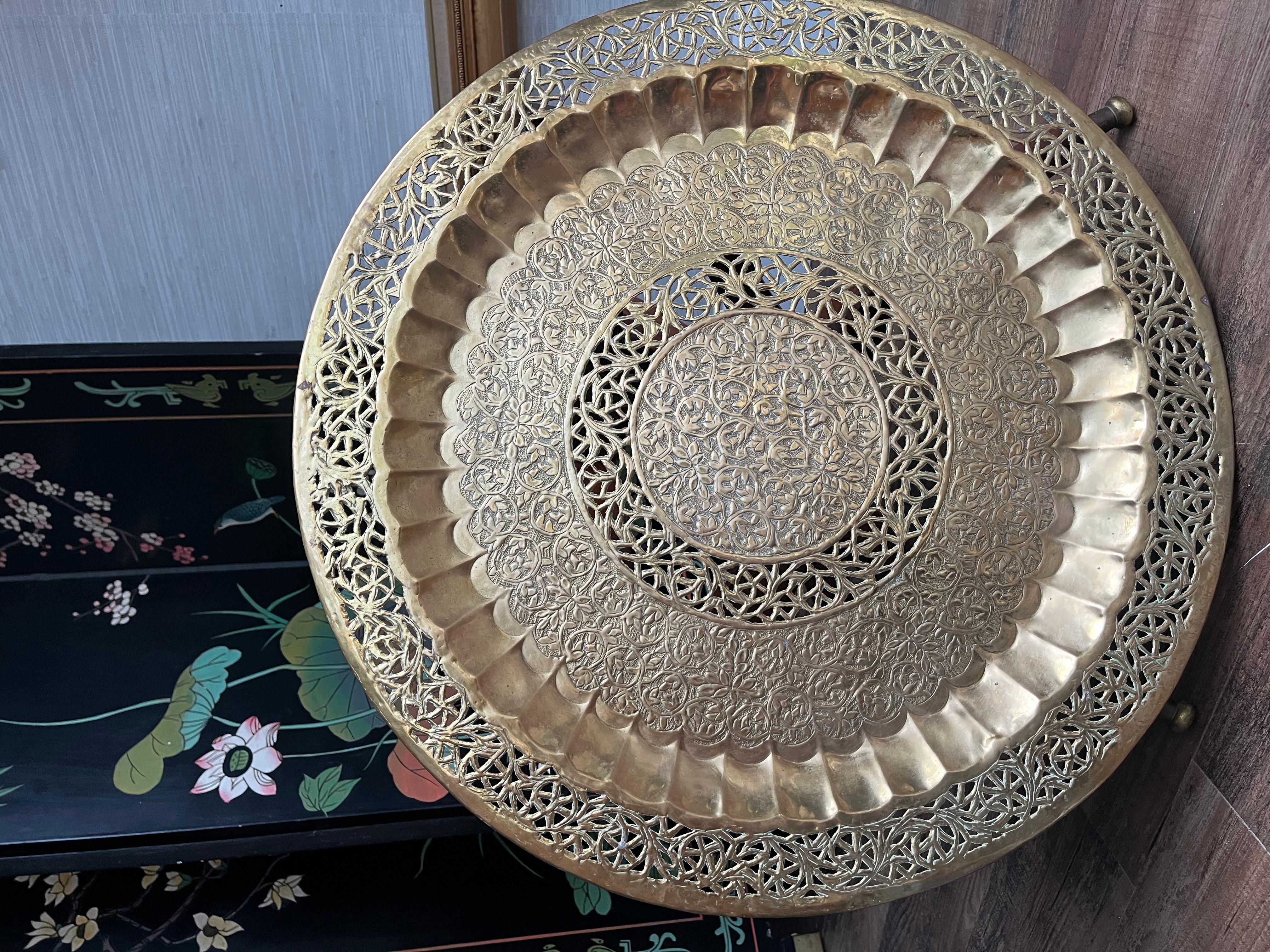 Mid Century Brass Moroccan Style Tray Table On Folding Wooden Spider Leg Base 4