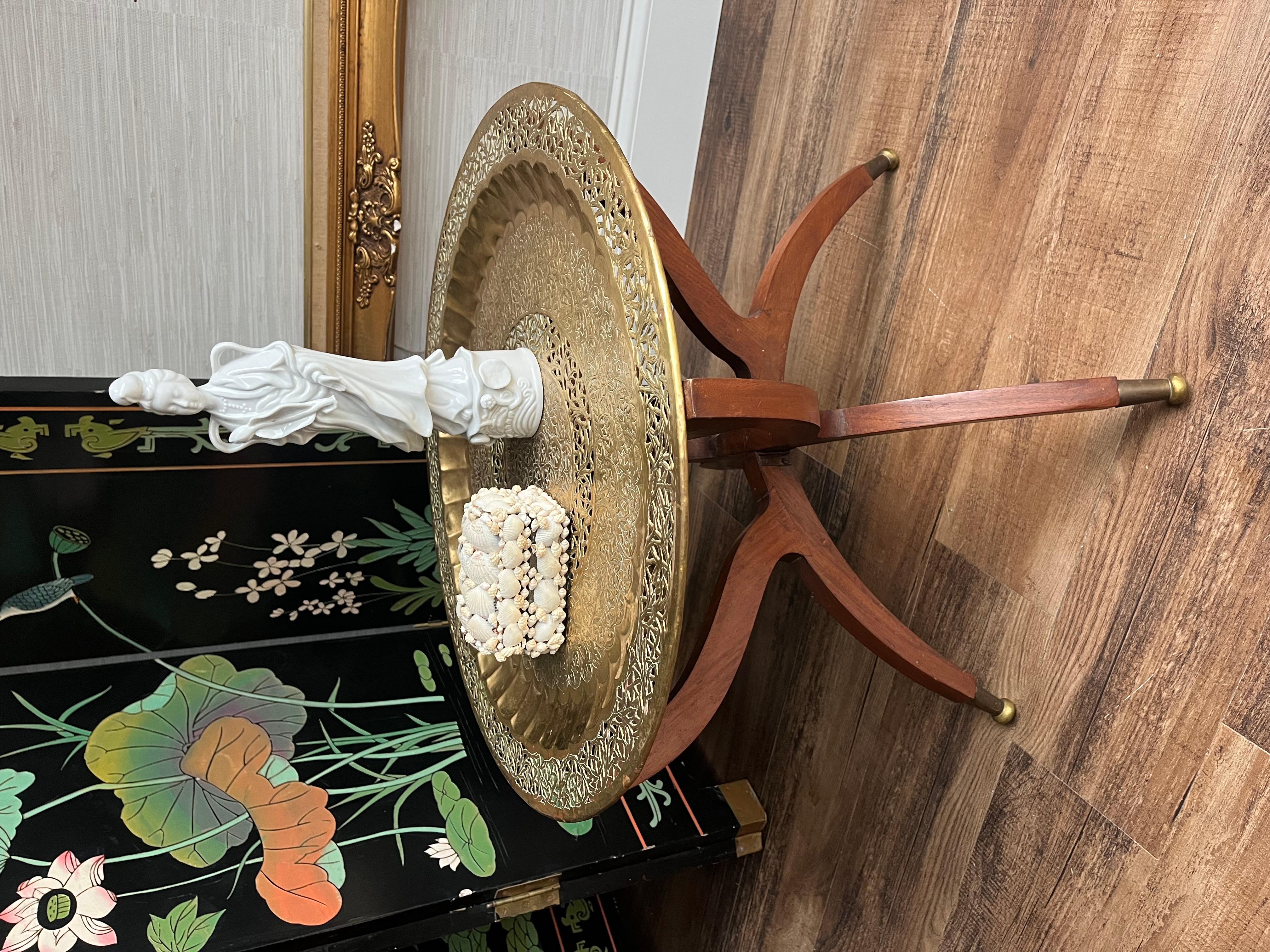 Mid Century Brass Moroccan Style Tray Table On Folding Wooden Spider Leg Base 1