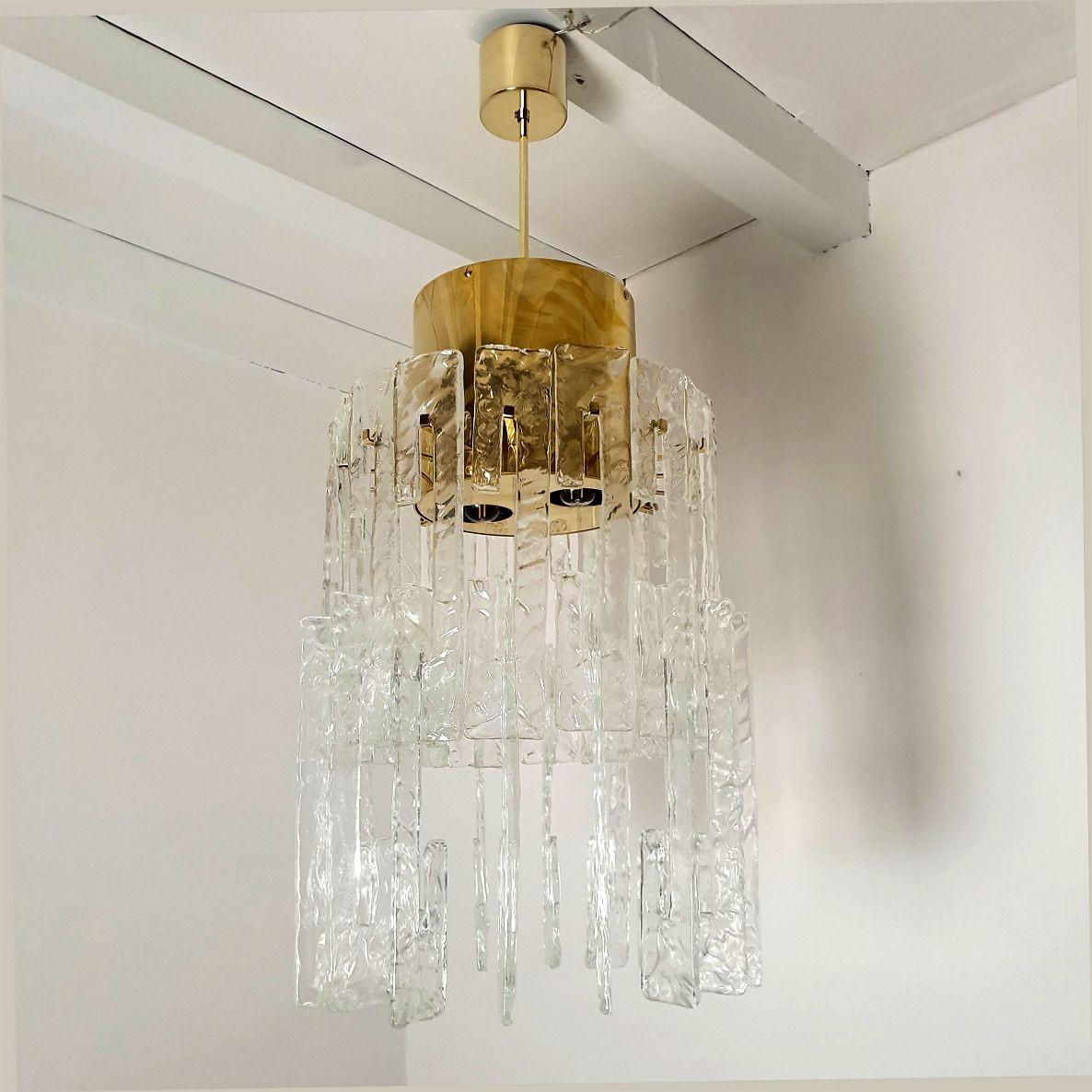 Mid-Century Modern Mid-Century brass-Murano glass chandelier, Mazzega For Sale