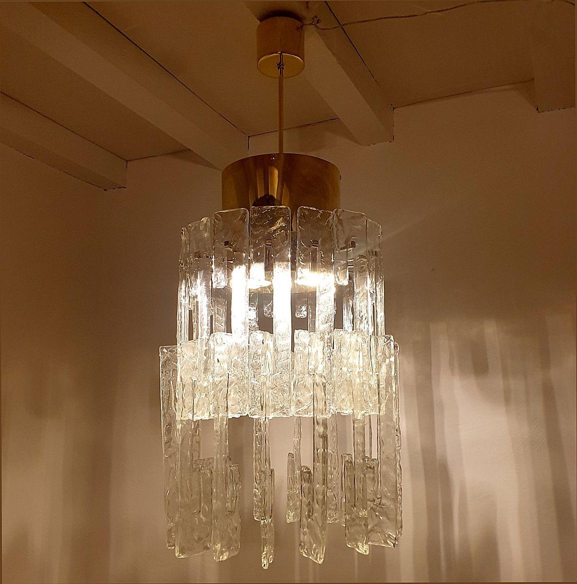 Italian Mid-Century brass-Murano glass chandelier, Mazzega For Sale