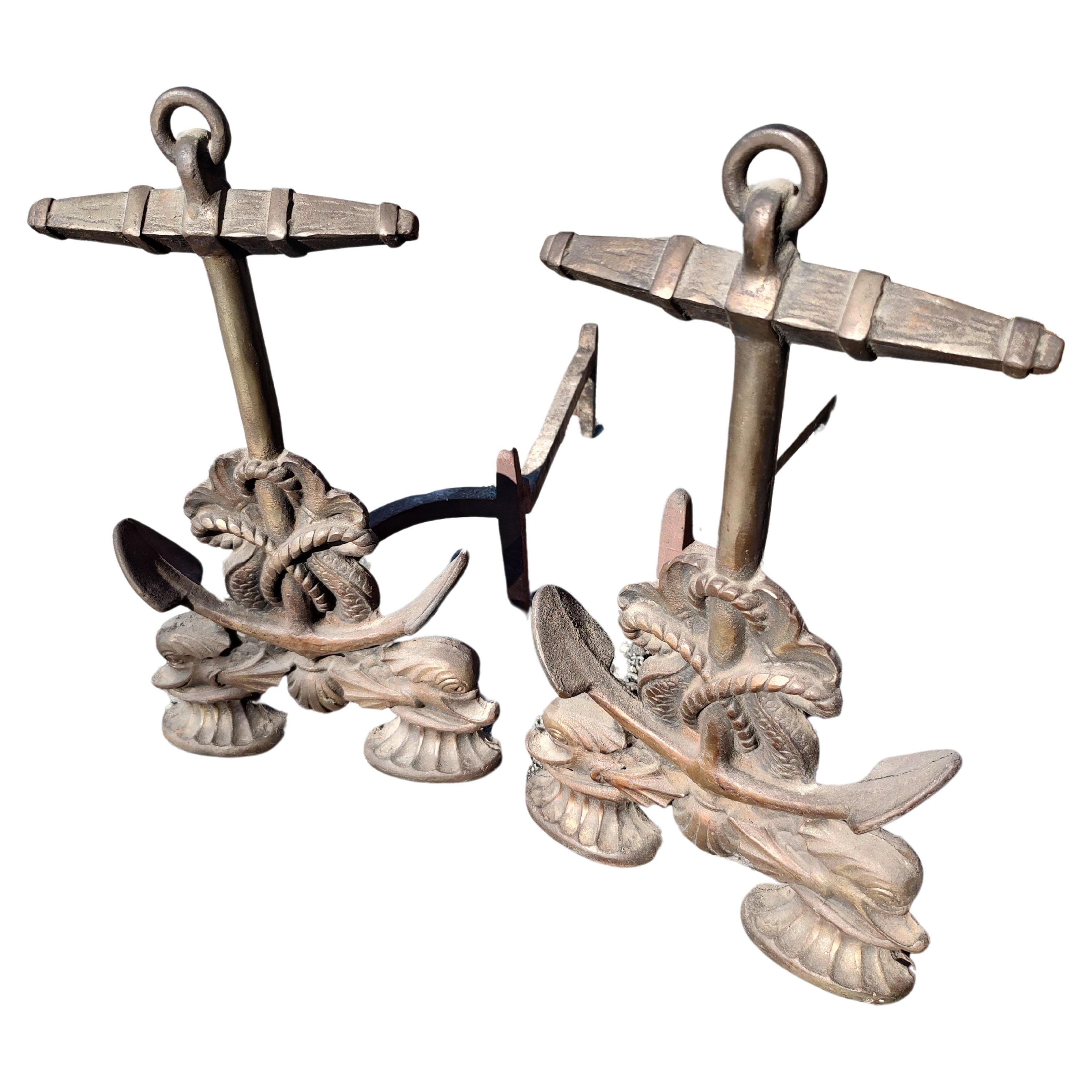 Mid Century Brass Nautical Style Anchor Andirons with Dolphins