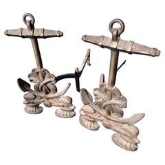 Mid Century Brass Nautical Style Anchor Andirons with Dolphins