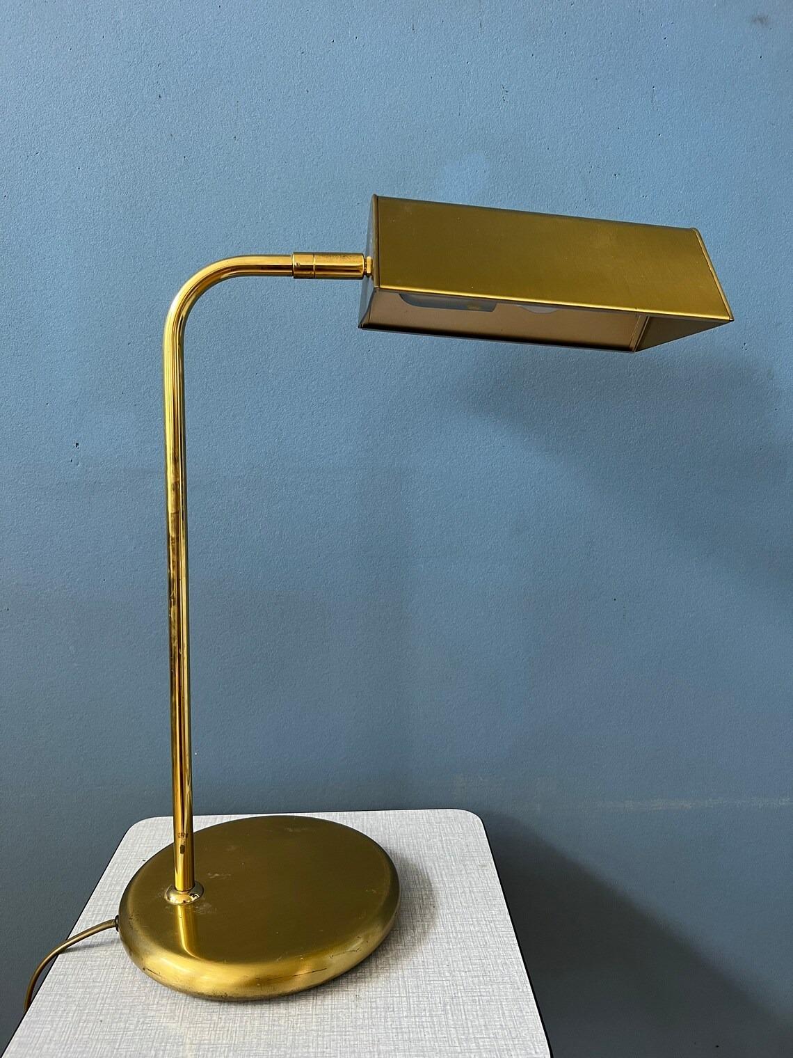 Glass Mid Century Brass Office Desk Lamp - Bauhaus Style Table Lamp - Golden Lamp For Sale