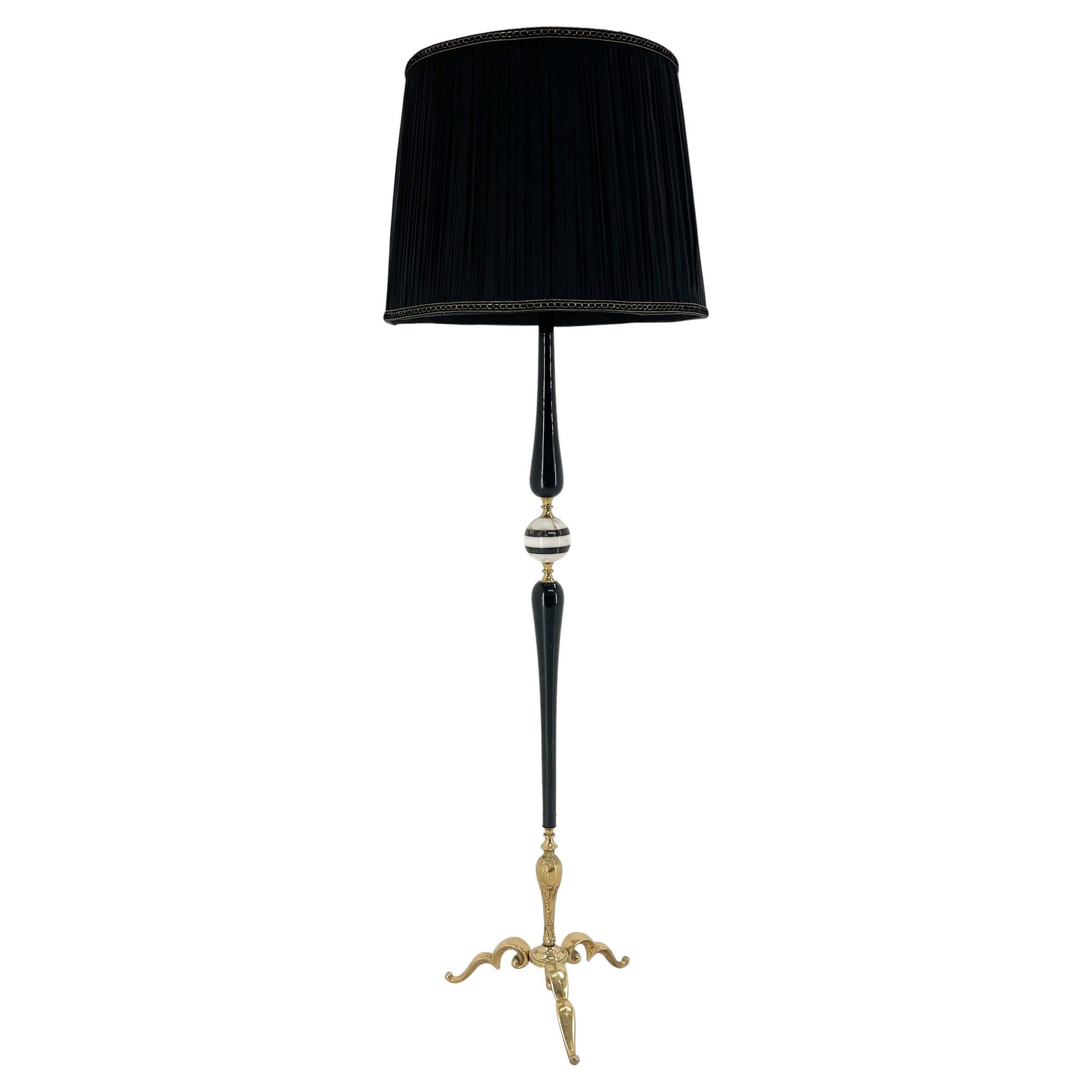 Mid-Century Brass, Onyx & Ebonized Wood Floor Lamp, Italy