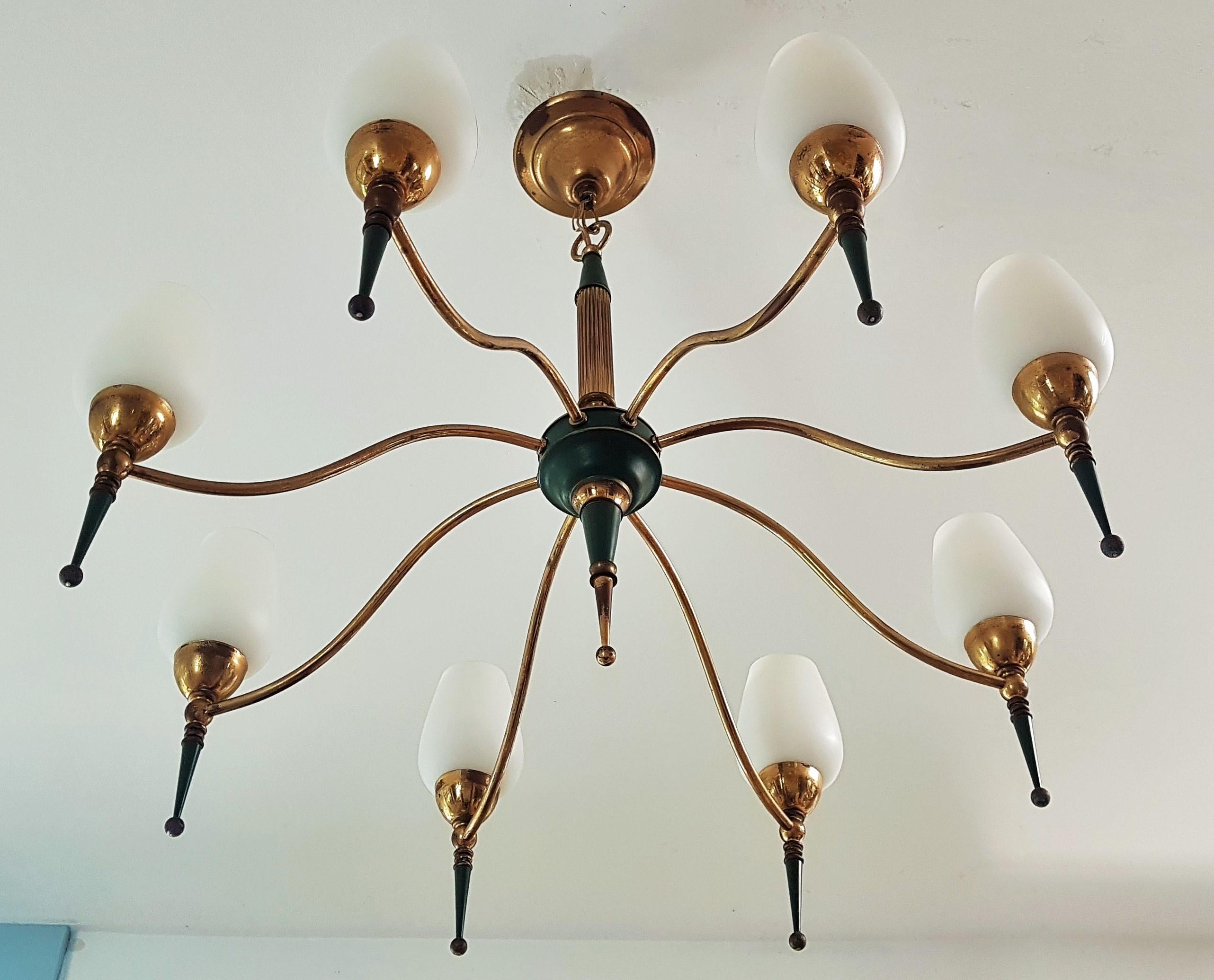 Mid-20th Century Mid-Century Brass Opaline Glass Chandelier by Arlus, France 1950s For Sale