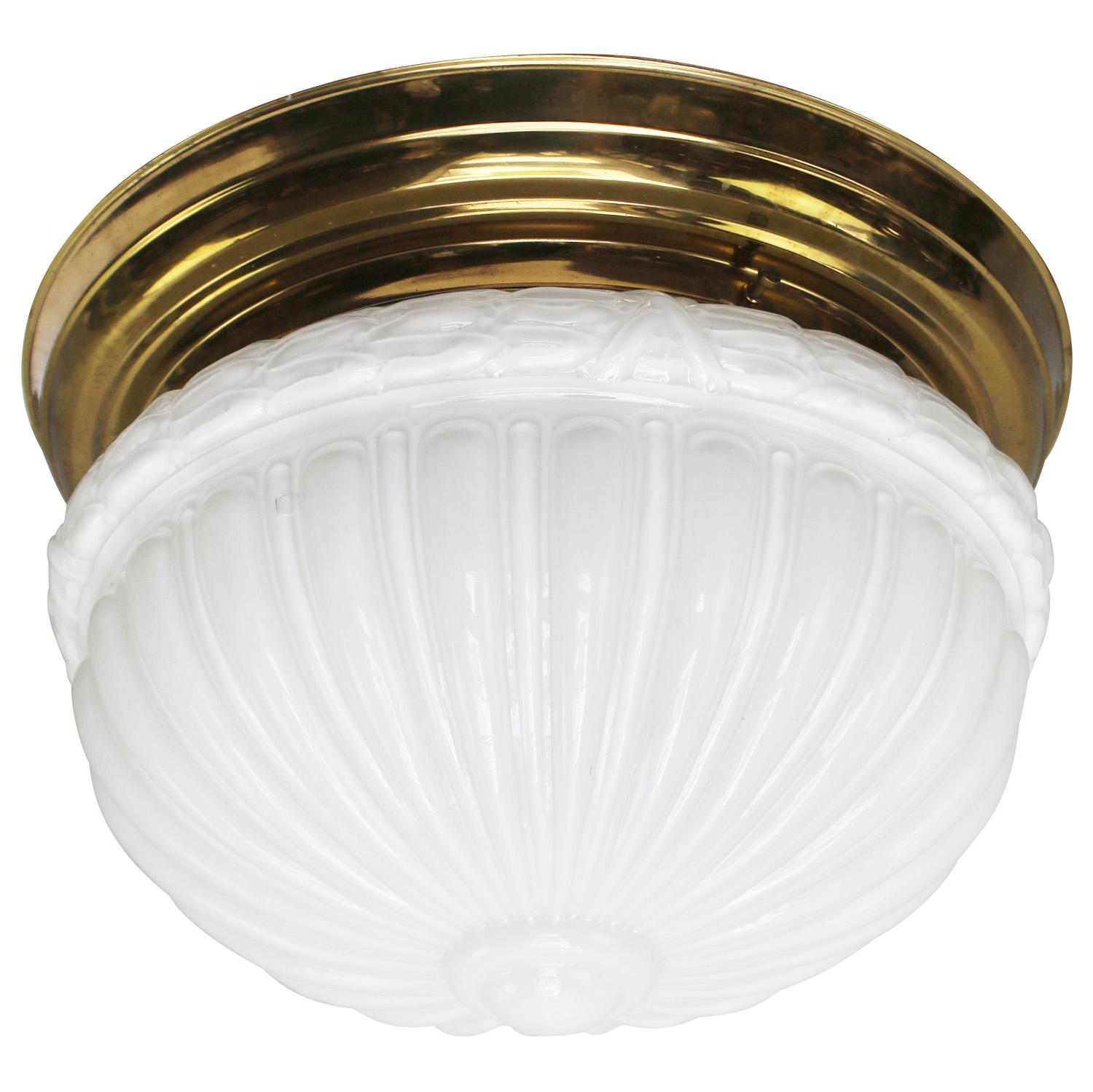 White Opaline Scone, Flush Mount, Ceiling Lamp.
Brass base with opaline glass.

Weight: 2.90 kg / 6.4 lb

Priced per individual item. All lamps have been made suitable by international standards for incandescent light bulbs, energy-efficient and LED