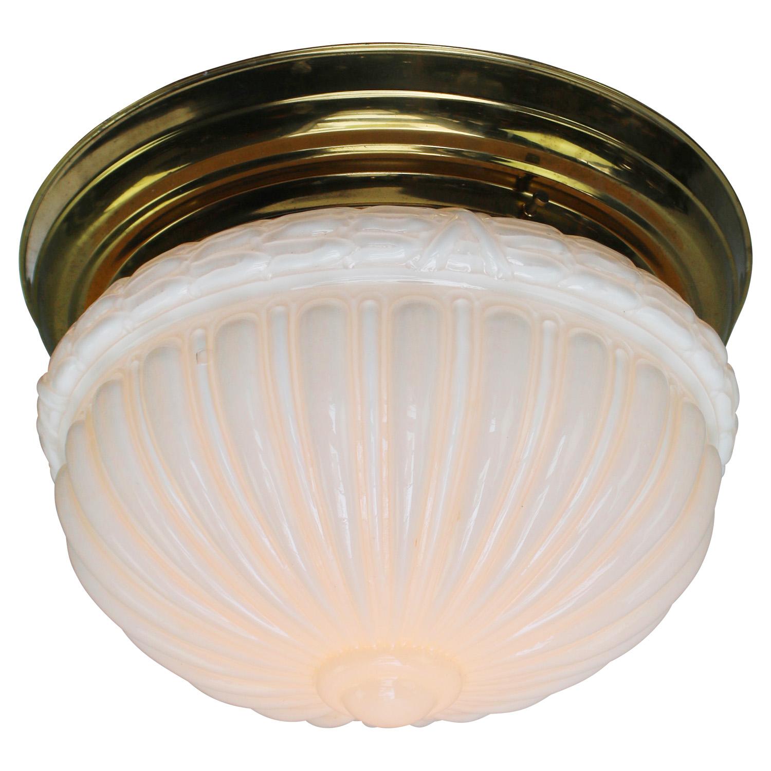 Mid-Century Modern Mid-Century Brass Opaline Glass Flush Mount Ceiling Lamp For Sale