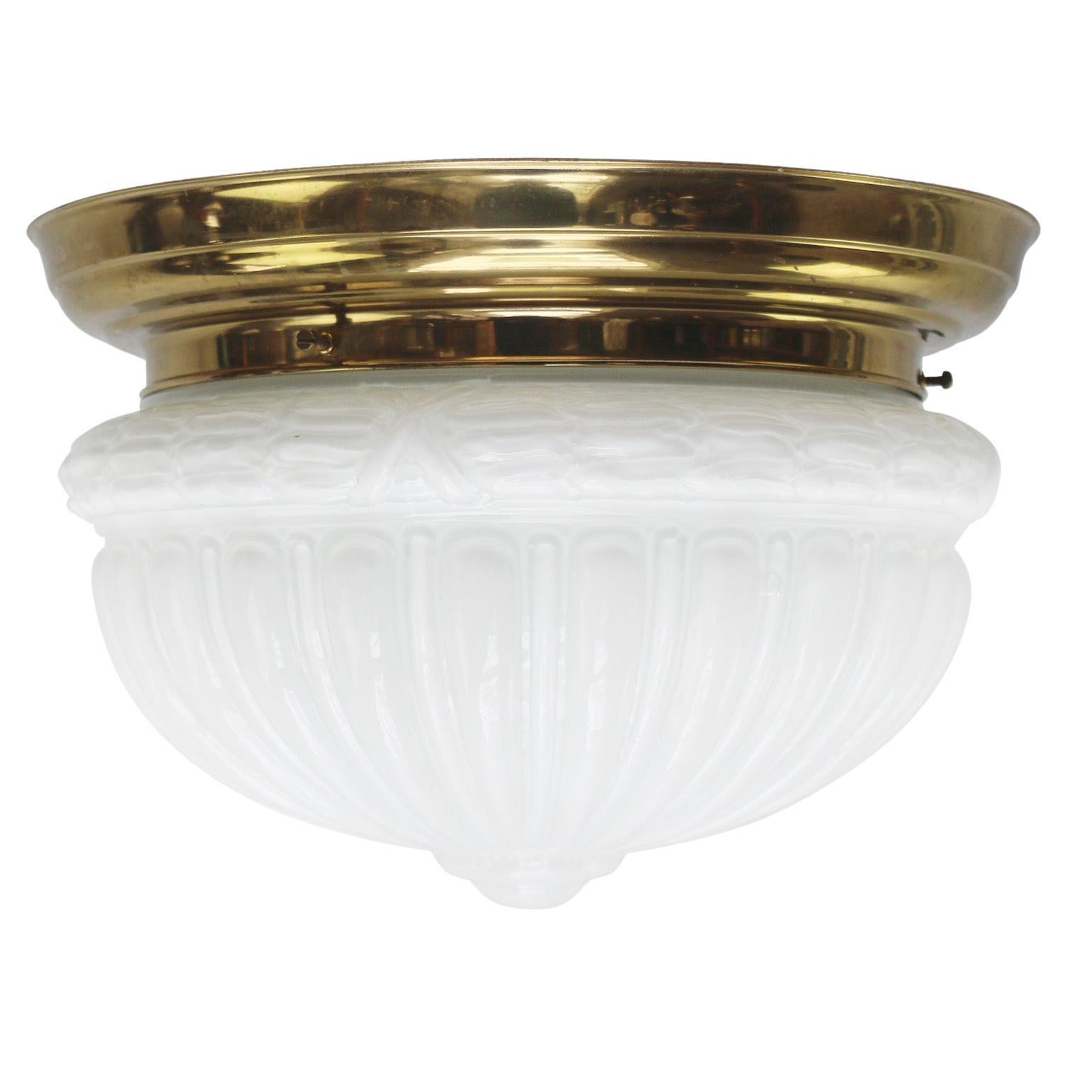 Mid-Century Brass Opaline Glass Flush Mount Ceiling Lamp For Sale