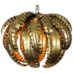 Midcentury Brass Palm Leaves Chandelier Attributed To M.J, France, circa 1960