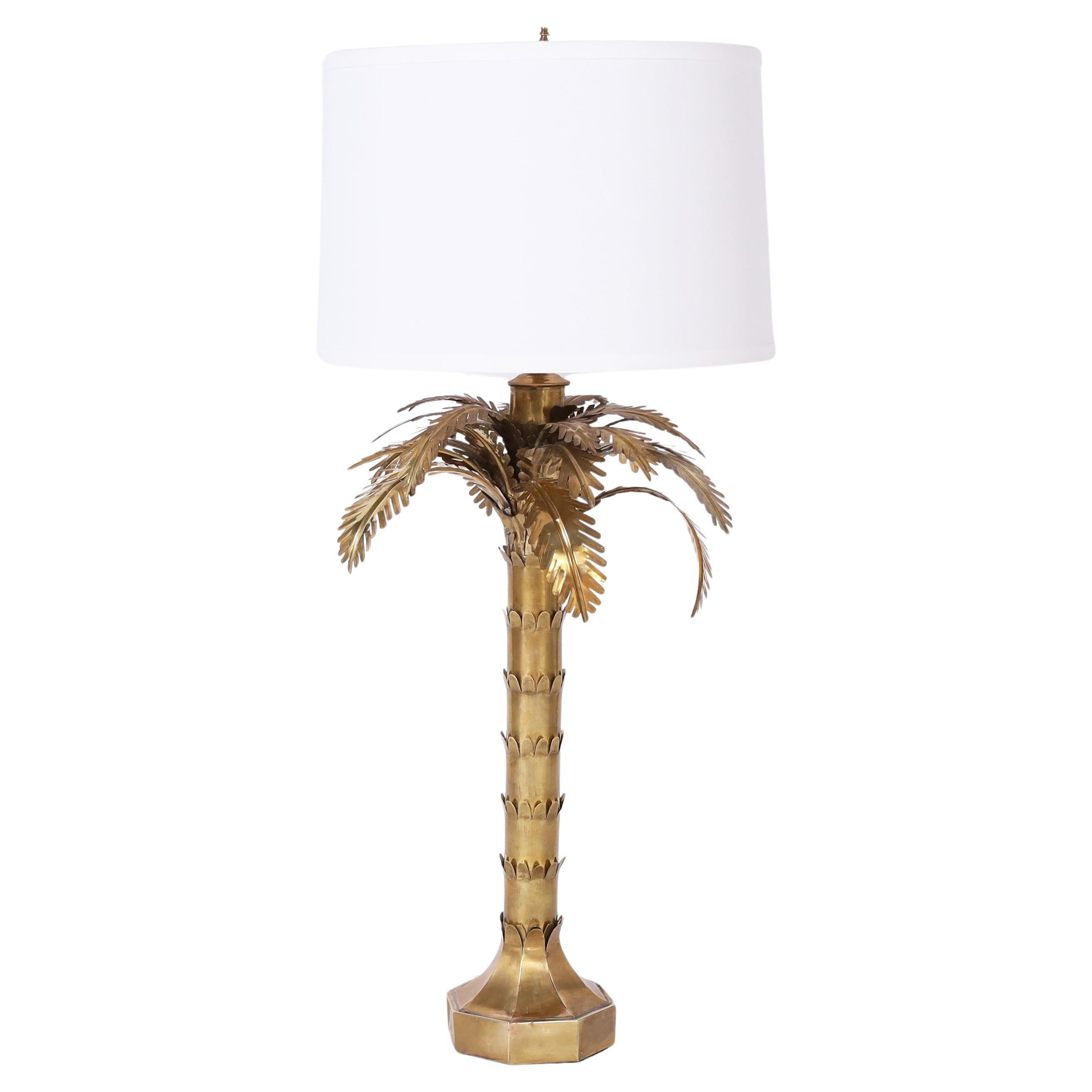 Mid Century Brass Palm Tree Table Lamp For Sale