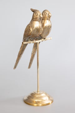 Mid-Century Brass Parrots Lovebirds Perched on a Stand