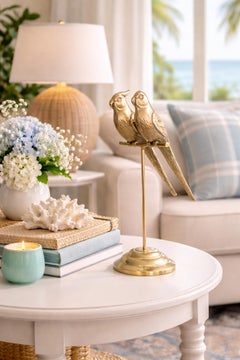 Mid-Century Brass Parrots Lovebirds Perched on a Stand