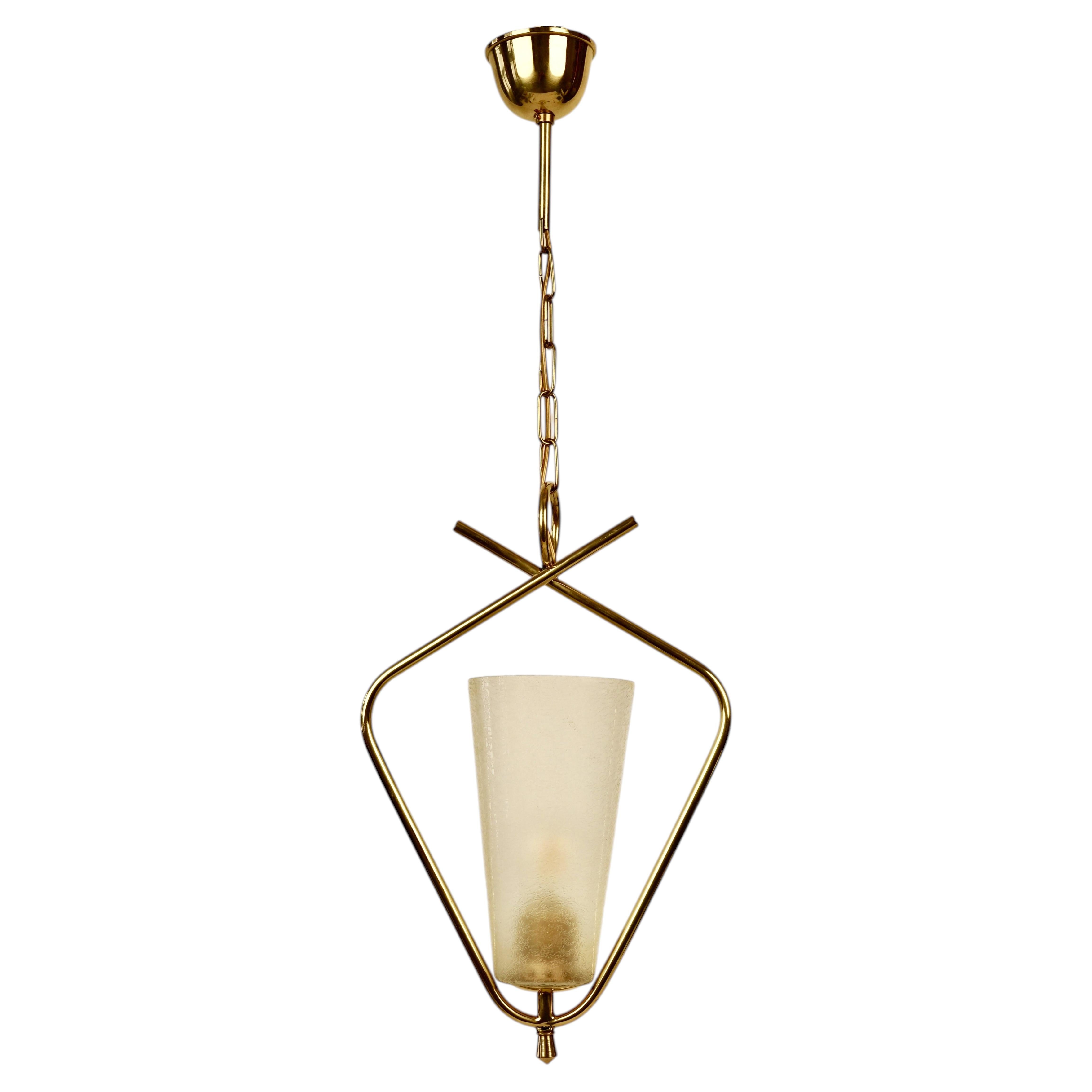 Mid-century Brass Pendant Lamp with Textured Glass Shade, R. Nikoll Austria