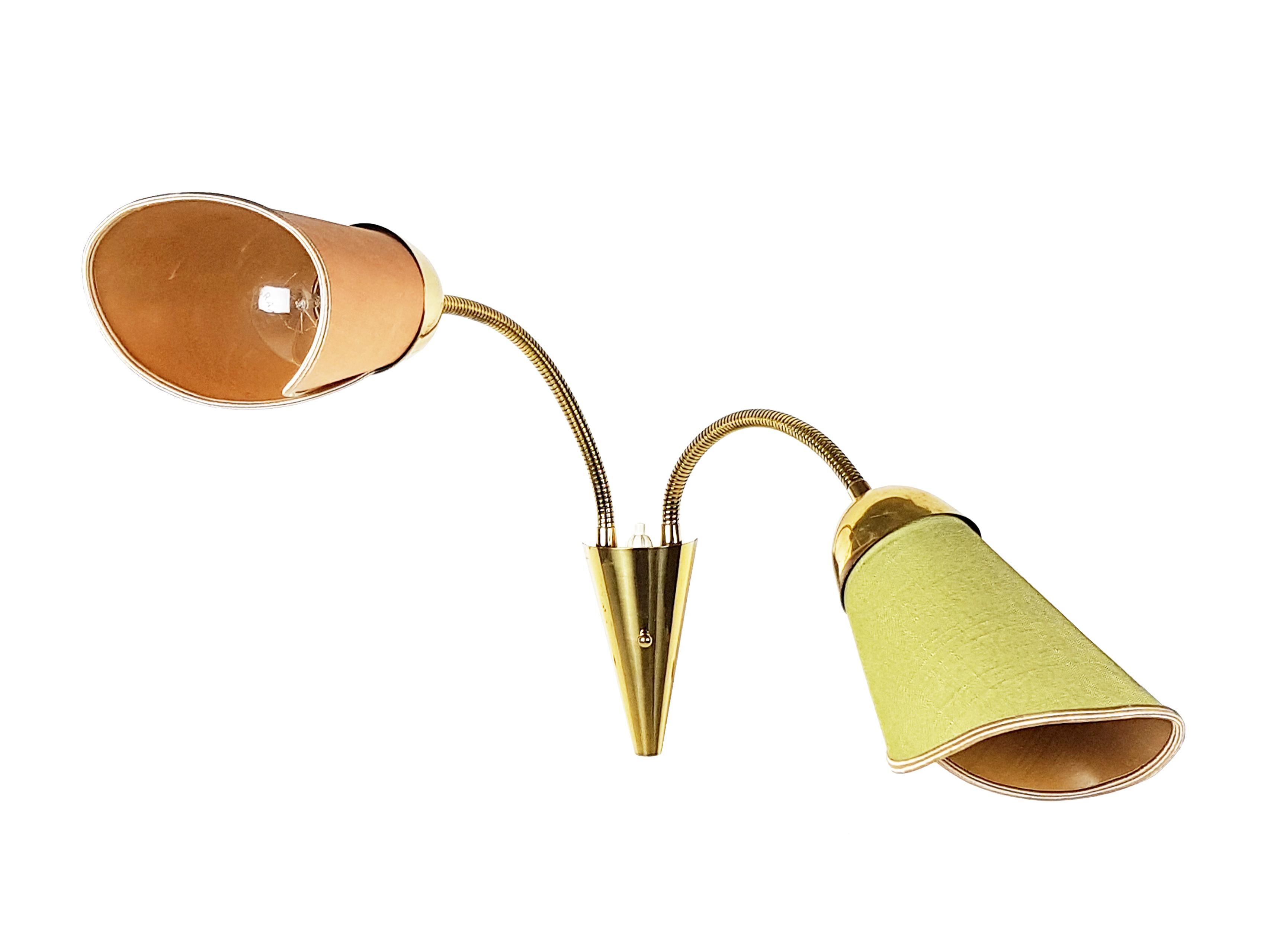 Metal Midcentury Brass, Pink & Green Fabric Wall Lamp with Adjustable Shades and Inte