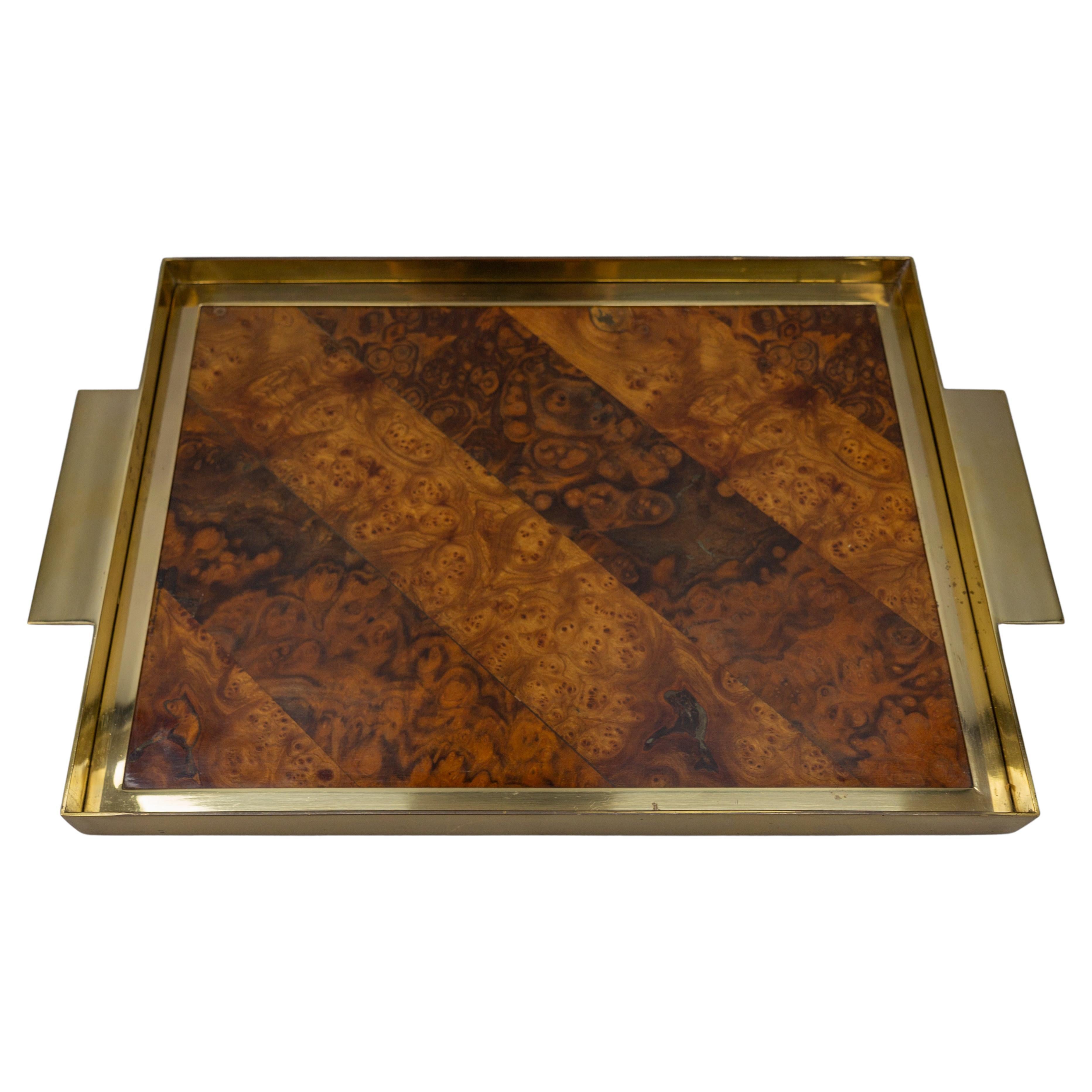 Mid-Century Brown and Golden Color Serving Tray with Burr Wood Effect, 1960s For Sale