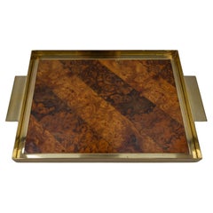 Mid-Century Brown and Golden Color Serving Tray with Burr Wood Effect, 1960s