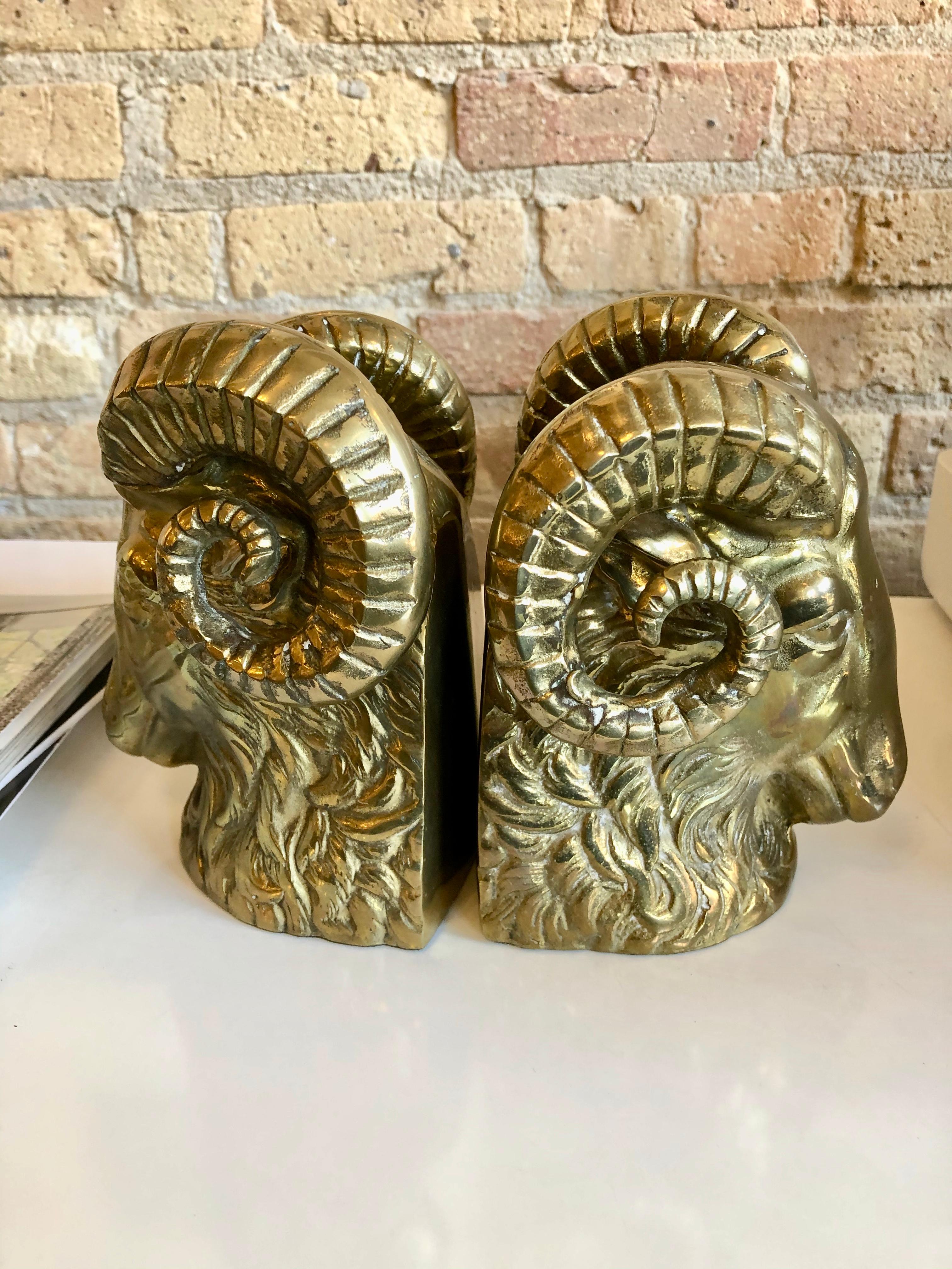 Mid-Century Modern Midcentury Brass Rams Head Bookends