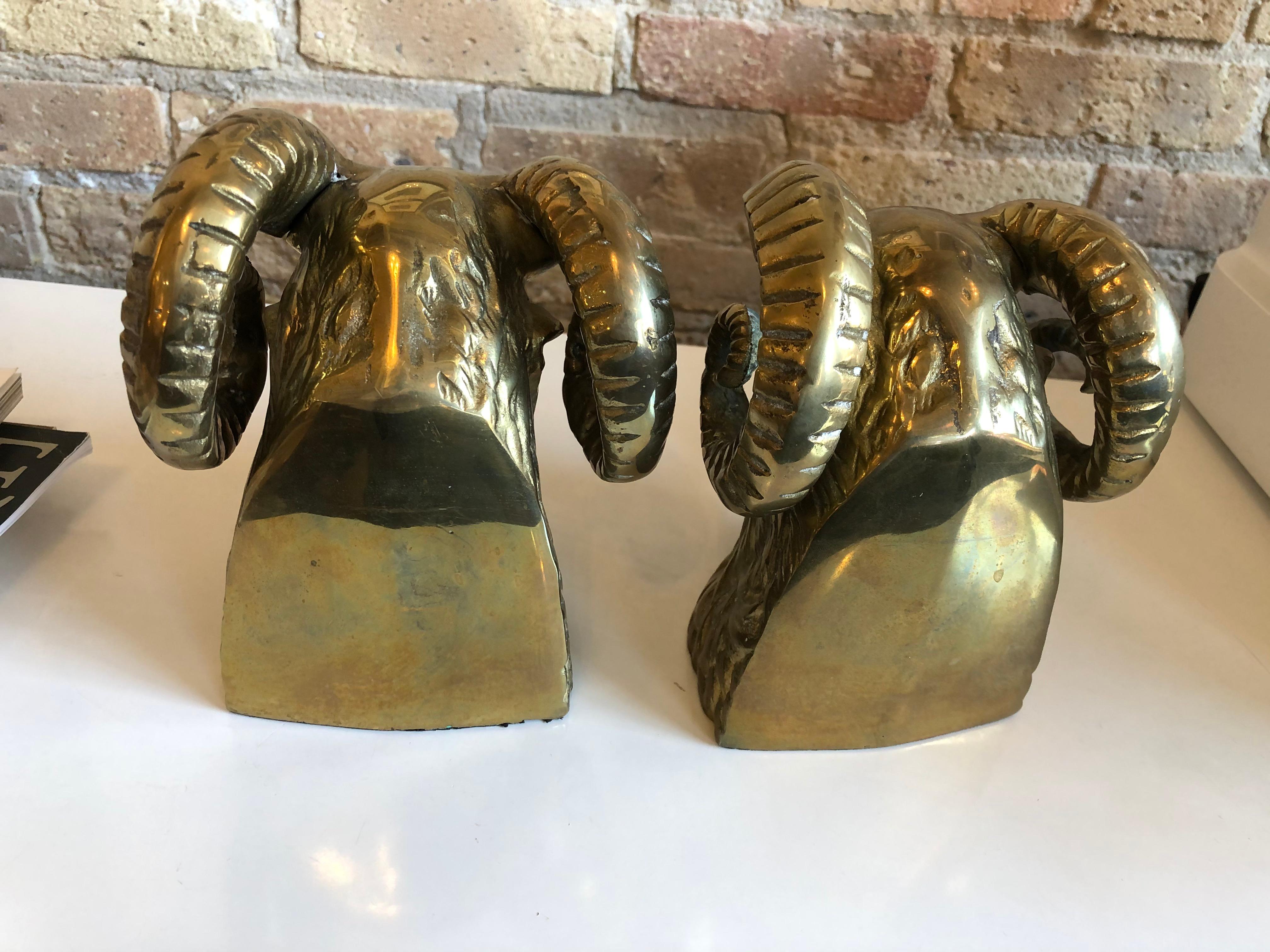Midcentury Brass Rams Head Bookends In Excellent Condition In Chicago, IL