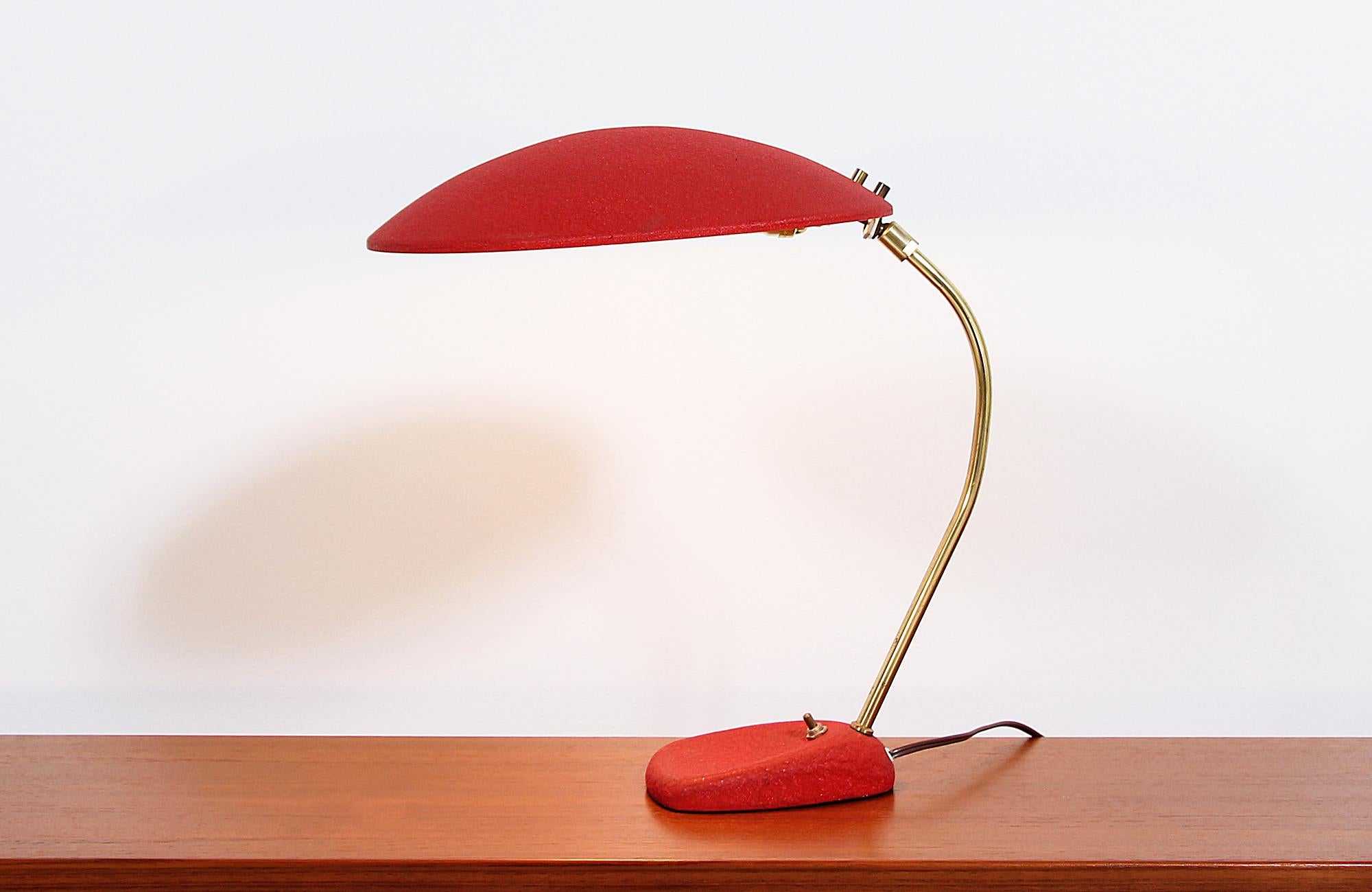 Mid-Century Modern Midcentury Brass and Red Enameled Desk Lamp